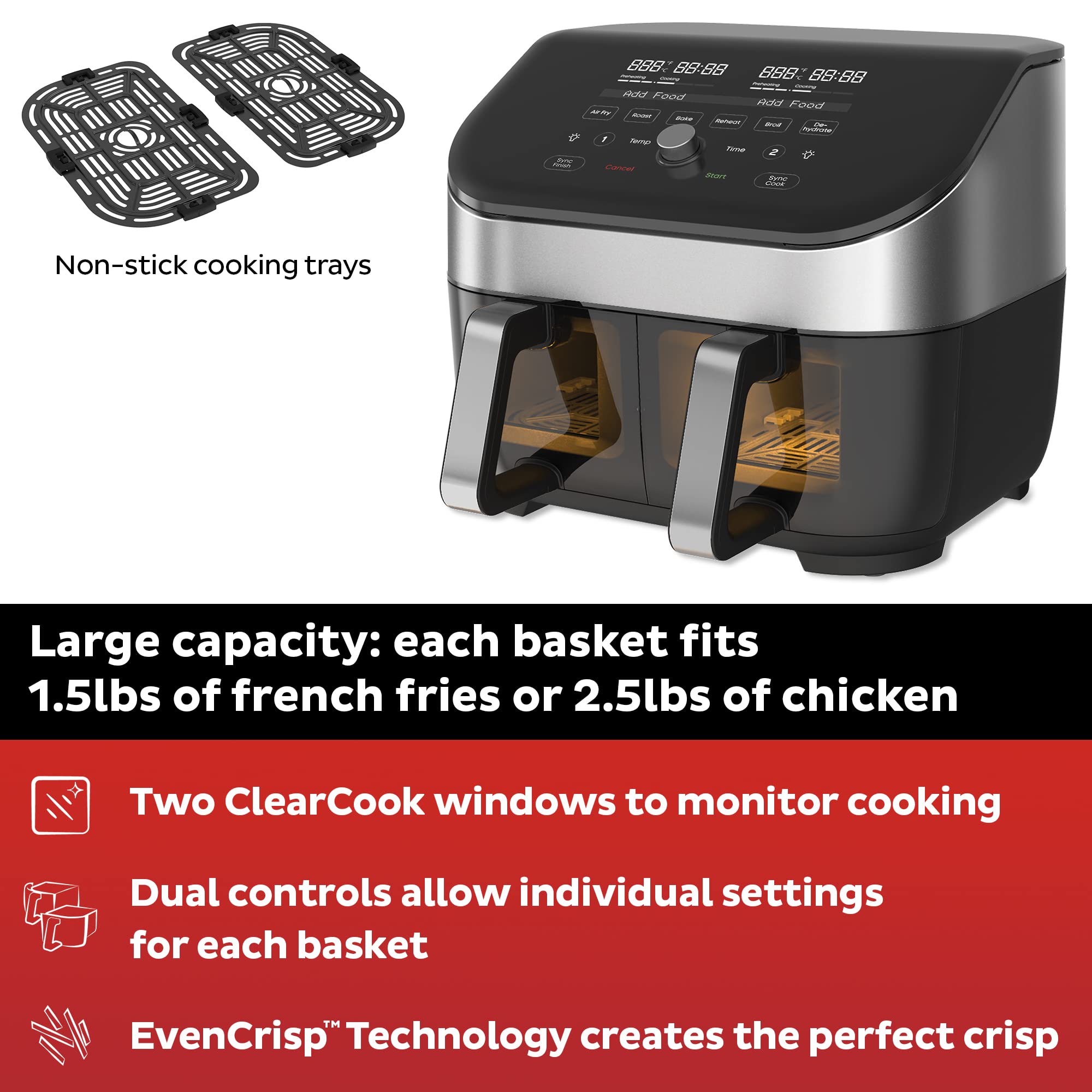 Instant Vortex Plus Dual Basket Air Fryer with ClearCook, 8 Quart, 8in