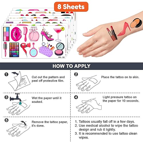 Miniatura 7 de Tatuajes temporales de spa, decoraciones de fiesta temática de cumpleaños, suministros de recuerdos, calcomanías bonitas, tatuajes, 8 hojas, 96