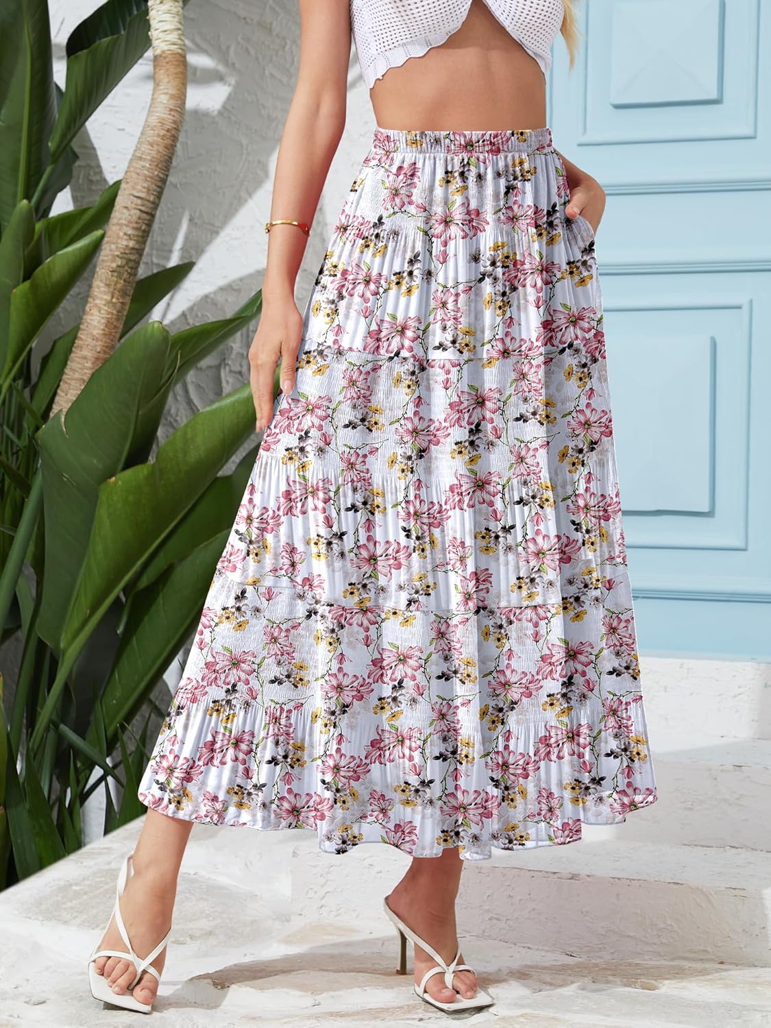 NASHALYLY Women's High Waisted Maxi Skirt,Elastic Chiffon Boho Long Skirt with Pockets