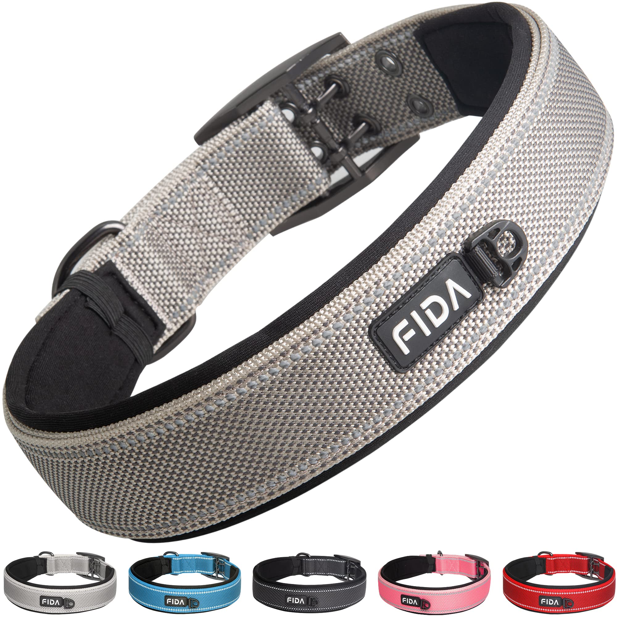 Fida Heavy Duty Dog Collar 1.5” Width, Ultra Soft Neoprene Padded, Adjustable Reflective Nylon Pet Collar with Two Metal Pin Belt Buckle for Large/
