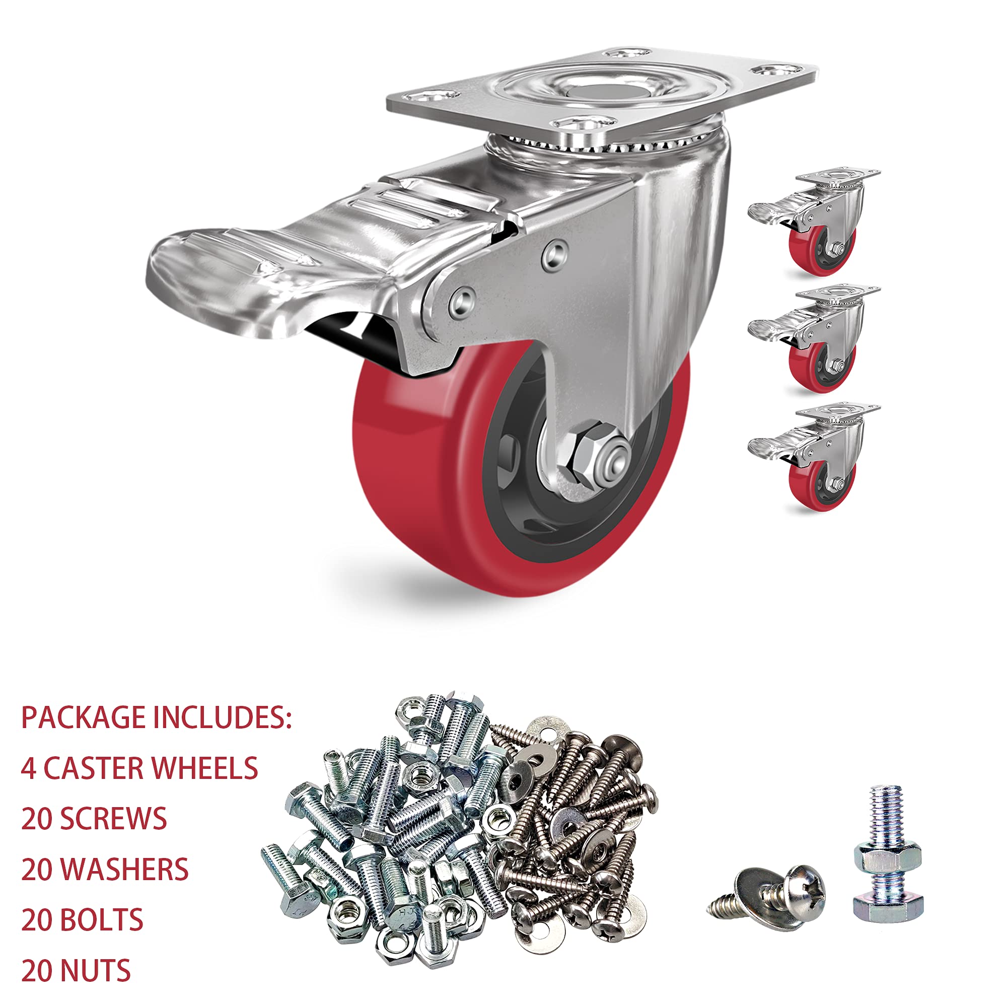 Caster Wheels 3 inch Set of 4, with Safety Dual Locking Bearing Casters