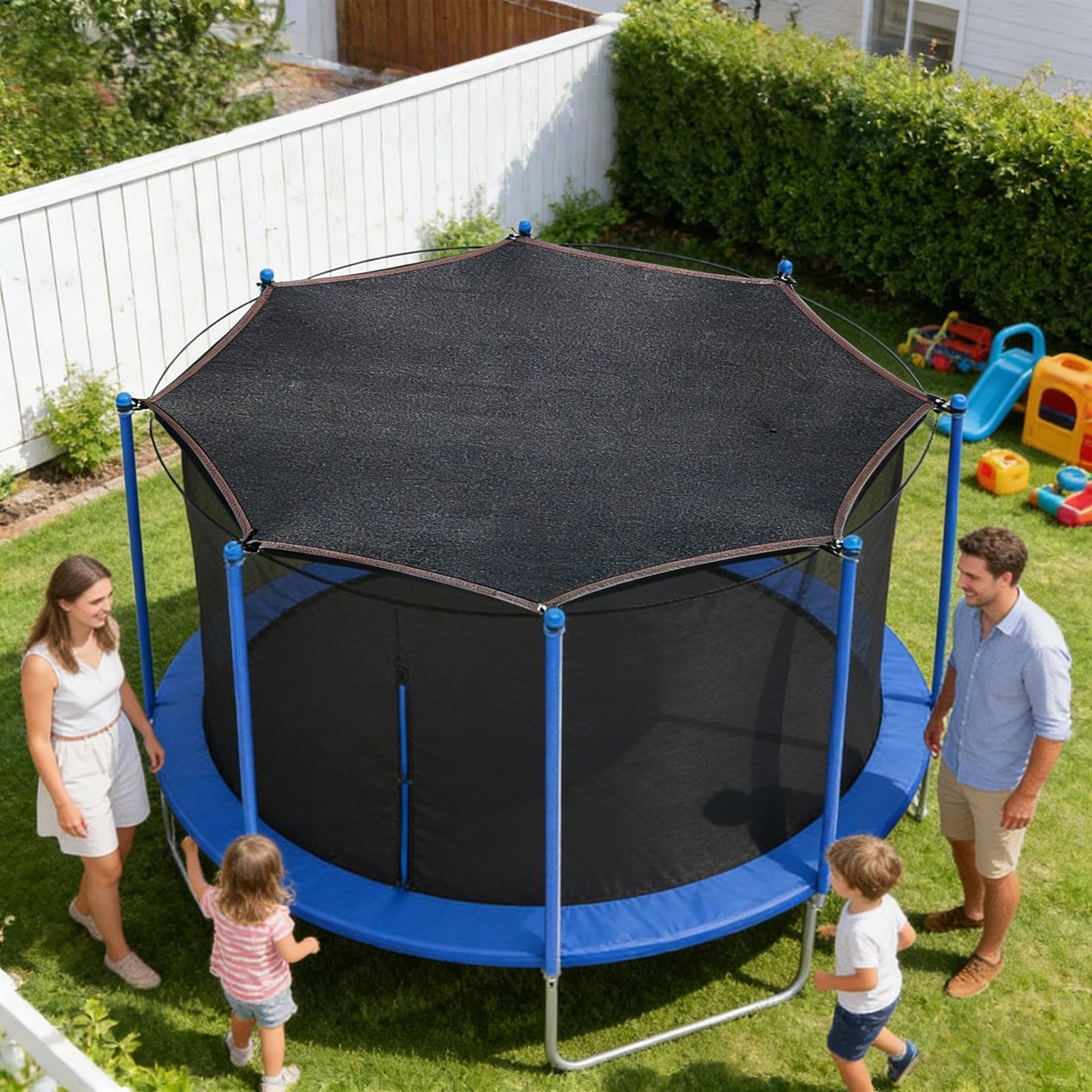 Osłona przeciwsłoneczna do trampoliny, Ø 244, 305, 366, 427 cm, siatka chroniąca przed słońcem, odporna na promieniowanie UV i rozerwanie, żagiel przeciwsłoneczny, do trampolin z drążkiem 6/8