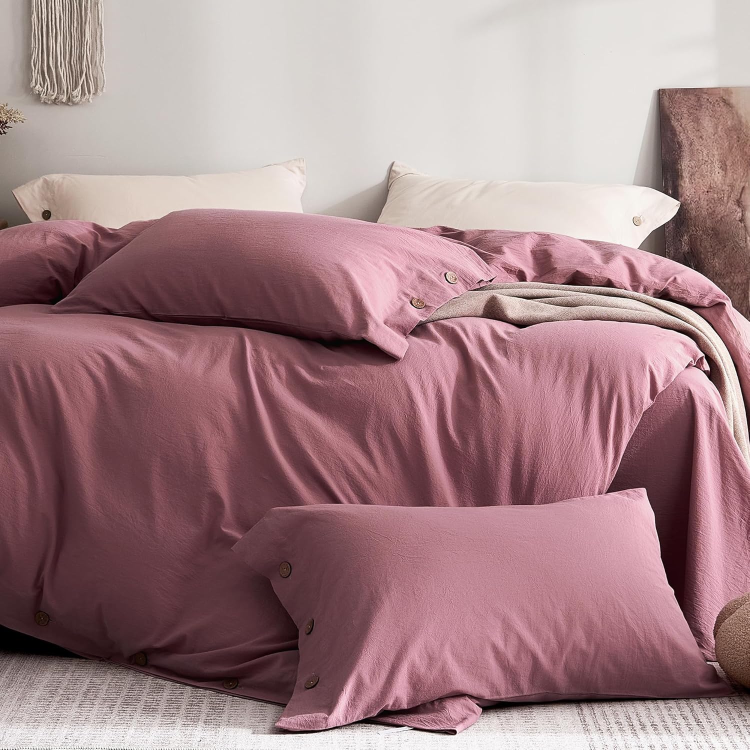 JELLYMONI 100% Washed Cotton King Pillowcases Set, 2 Pack Linen-Like Texture Breathable Pillow Covers with Button Closure,Maroon King 20"×36"(Pillows are not Included)