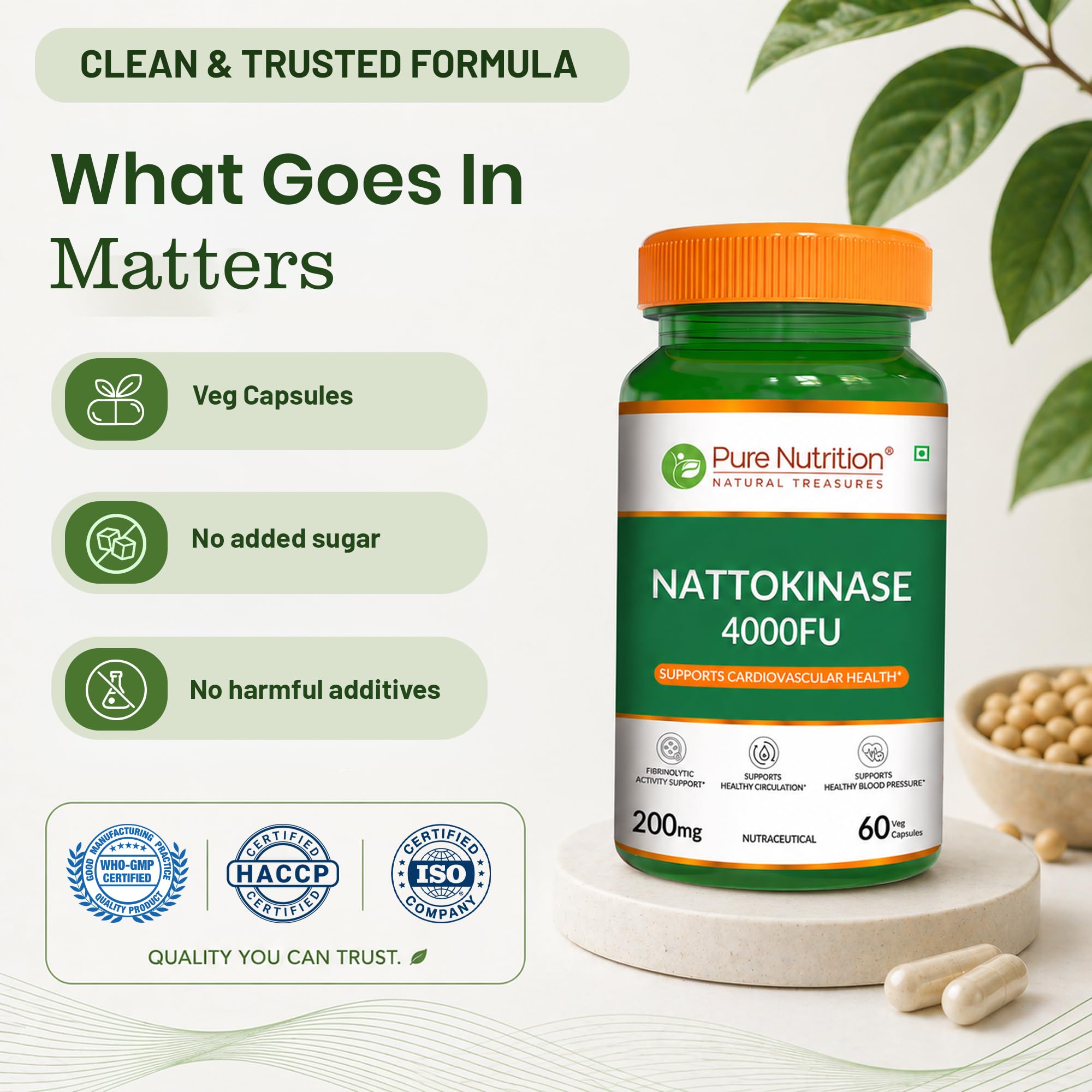 Pure Nutrition Nattokinase 4000 FU 200mg 60 Veg Capsules | Fermented Soy Natto Extract Enzyme | Cardiovascular & Circulation Support Supplement | High Potency Fibrinolytic Formula 3