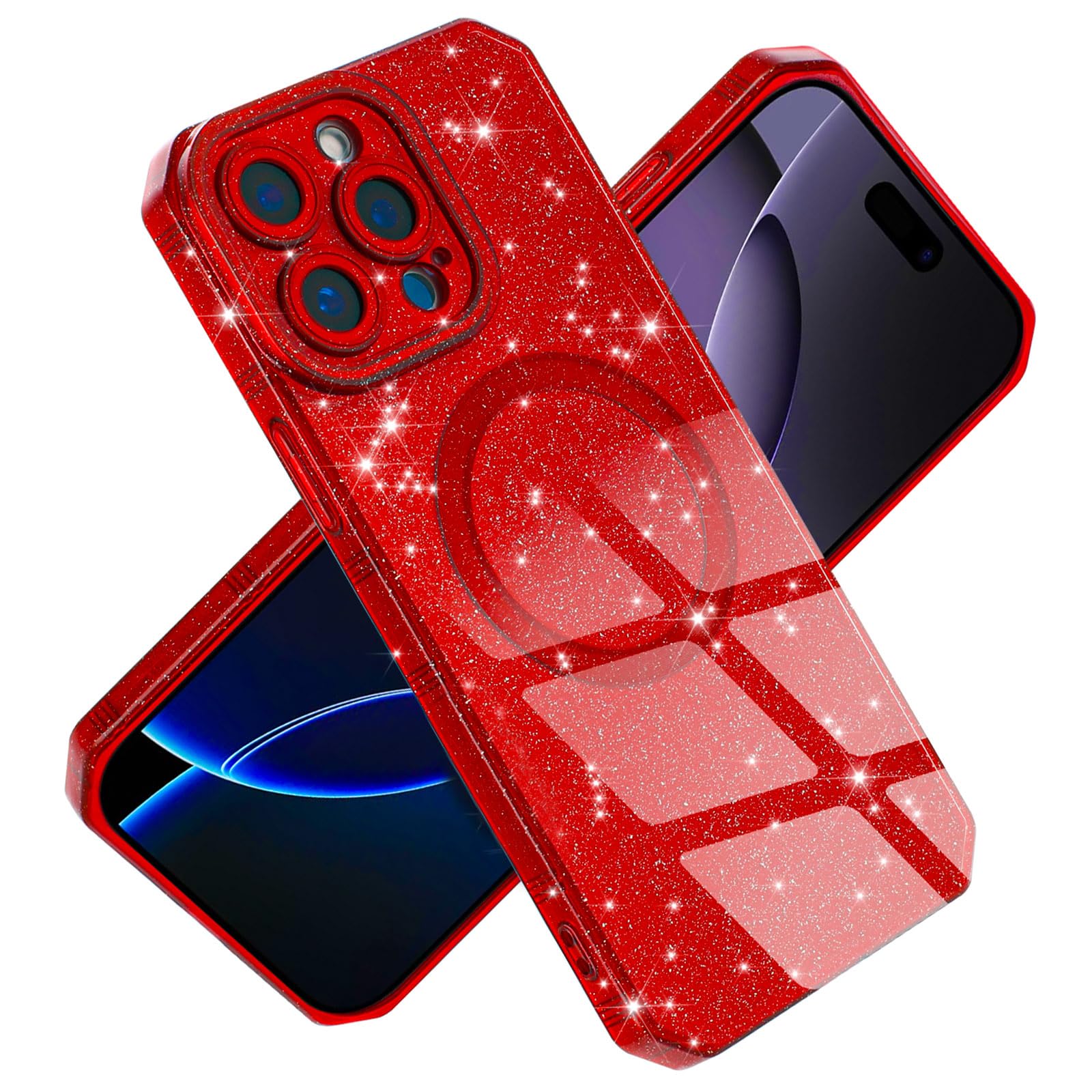 LIFCIUSO Magnetic Case for iPhone 14 Pro Max 6.7", Red Glitter Luxury Slim Shine Edge Silicone Shockproof Phone Case for Women Girls (Magsafe