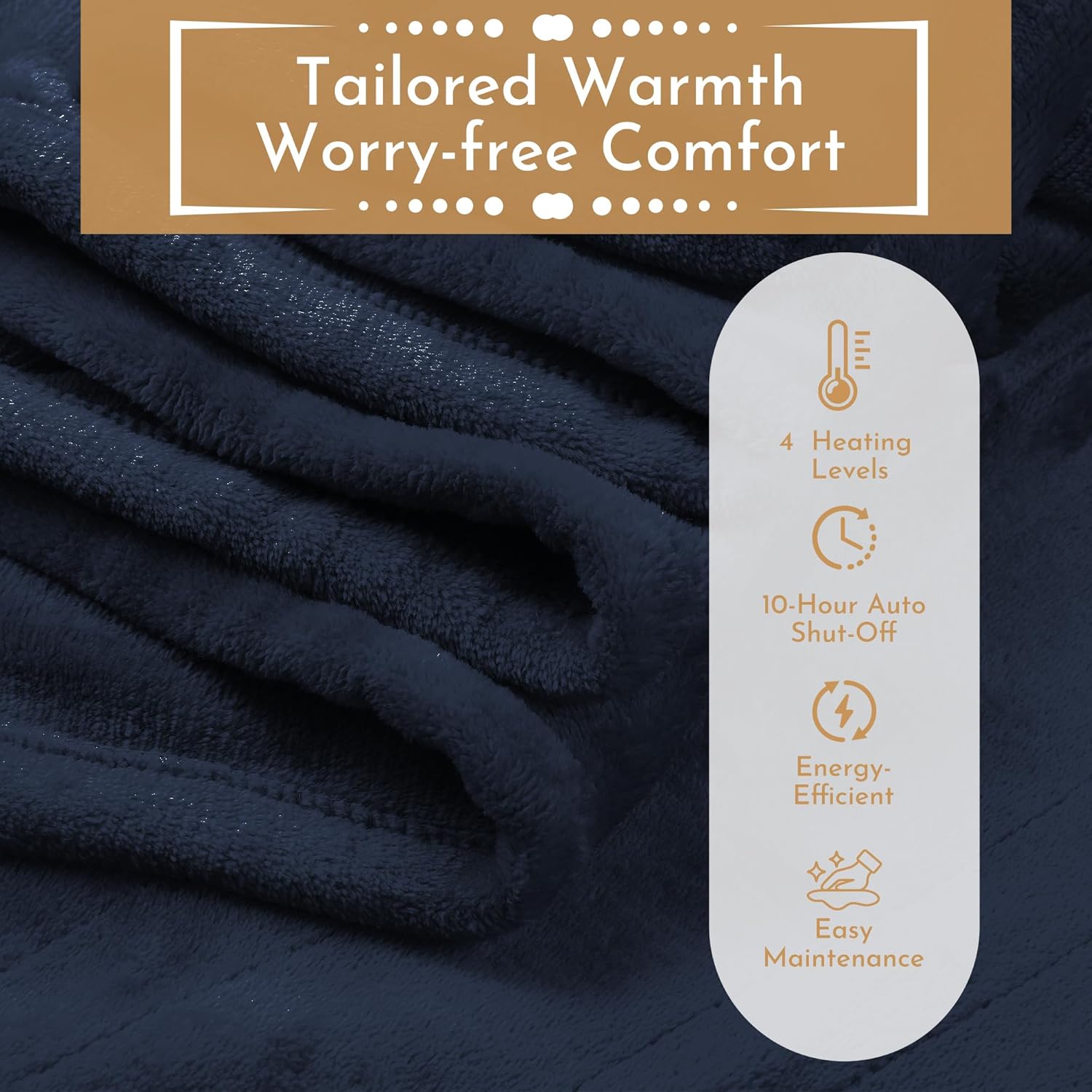 Electric Heated Blanket 72"x84" Full Size Flannel Heated Blanket, Cozy & Warm for All Night, 5 Heat Settings & 10 Hours Auto Off, Machine Washable, Dark Blue - Image 8