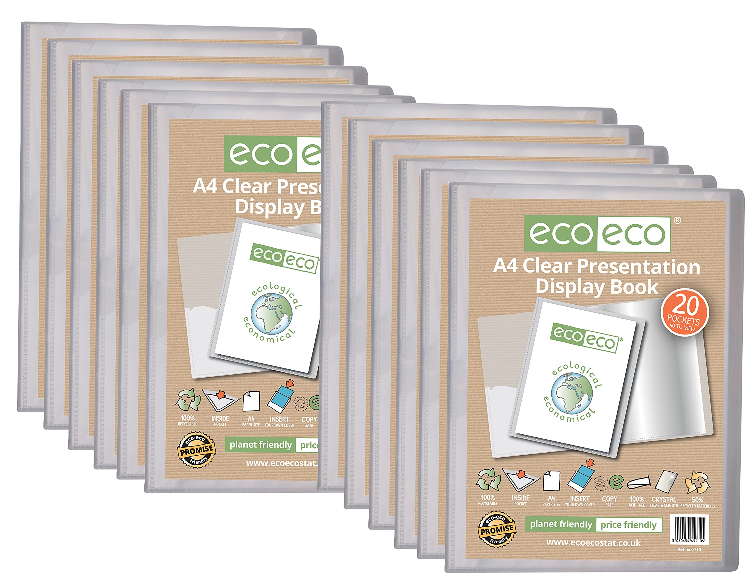 eco-eco Eco110 x 12 - Cuaderno de presentación (tamaño A4, 50% reciclado, 20 bolsillos, transparente de presentación, estuche de almacenamiento, con fundas de plástico, 12 unidades