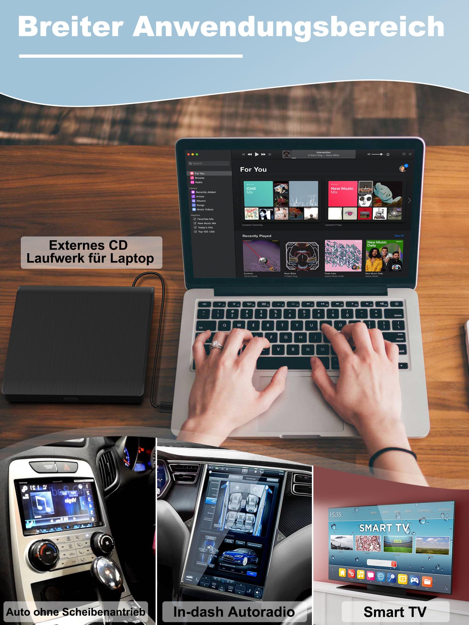 CD Laufwerk Player Extern per USB-Anschluss - Lehwey Universal CD Player für Auto PKW LKW, Upgrade mit Audio Adapter, Externes CD Laufwerk für Laptop, PC, Fernseher, kompatibel mit Android Autoradio