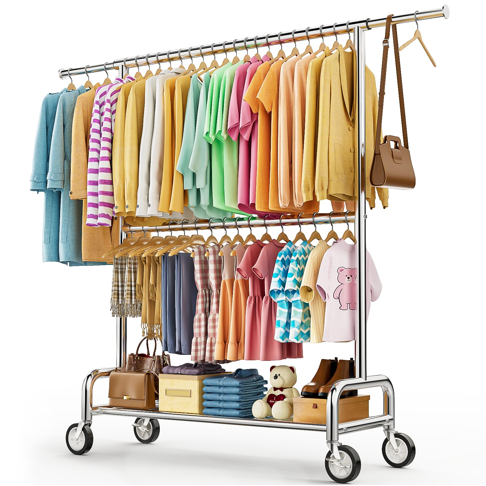 Photo 1 of Heavy Duty Clothes Rack Load 860LBS, Double Rods Rolling Clothing Racks for Hanging Clothes, Rolling Garment Rack With Sturdy Wheels Shelves, Portable & Adjustable Commercial Garment Rack, Silver