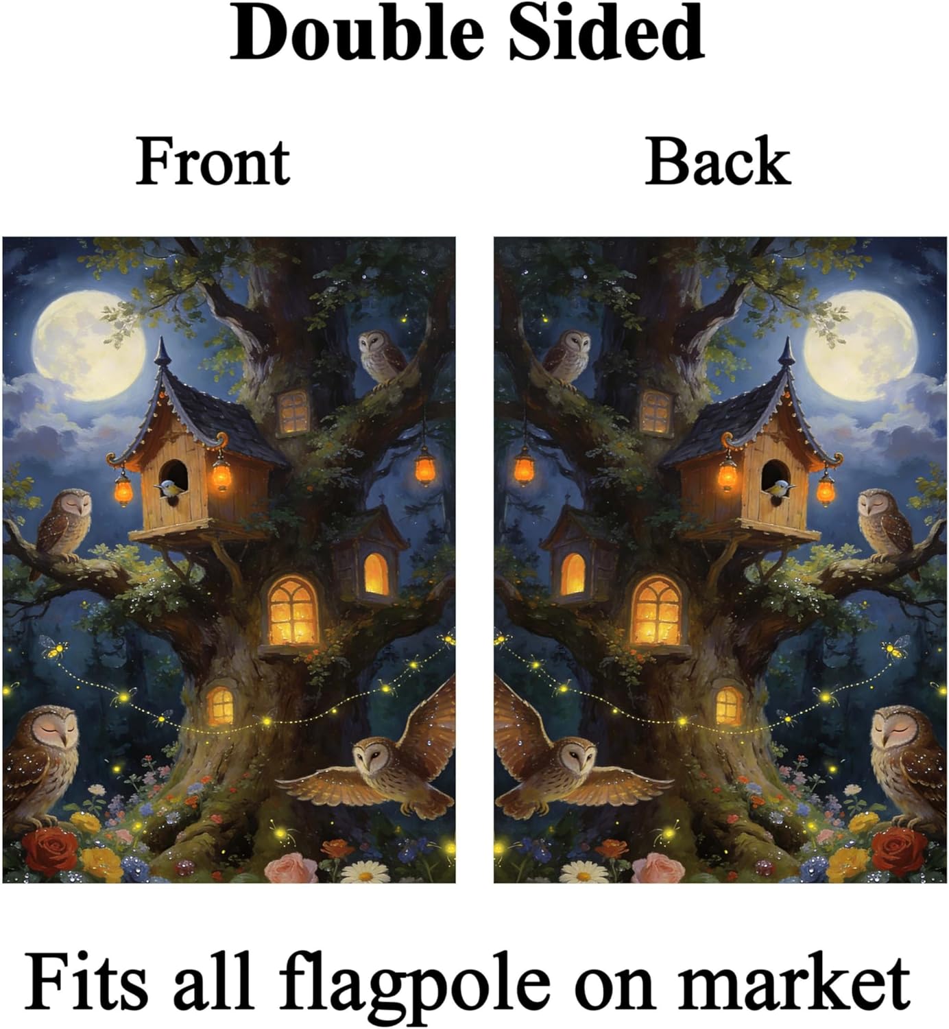 Mysterious Tree Birds Owls Lantern House in Forest Fantastic Fairy House Flag 28" x 40" Double Sided, Polyester Welcome Yard Garden Flag Banners for Patio Lawn Outdoor Home Decor