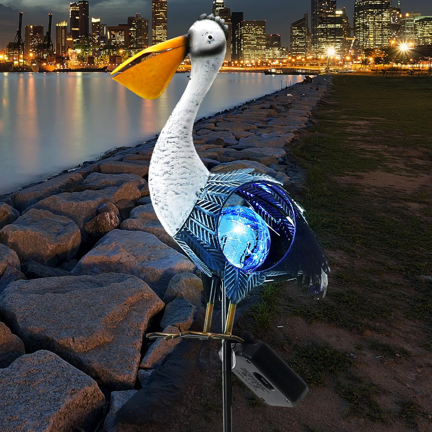 VIHOSE Solar Metal Pelican Statues Pelican Garden Sculpture Pelican Lawn Ornaments with Crackle Glass Ball Lawn Decorations Outdoor for Garden Landscape Outside Flower Bed Patio Yard Backyard Porch