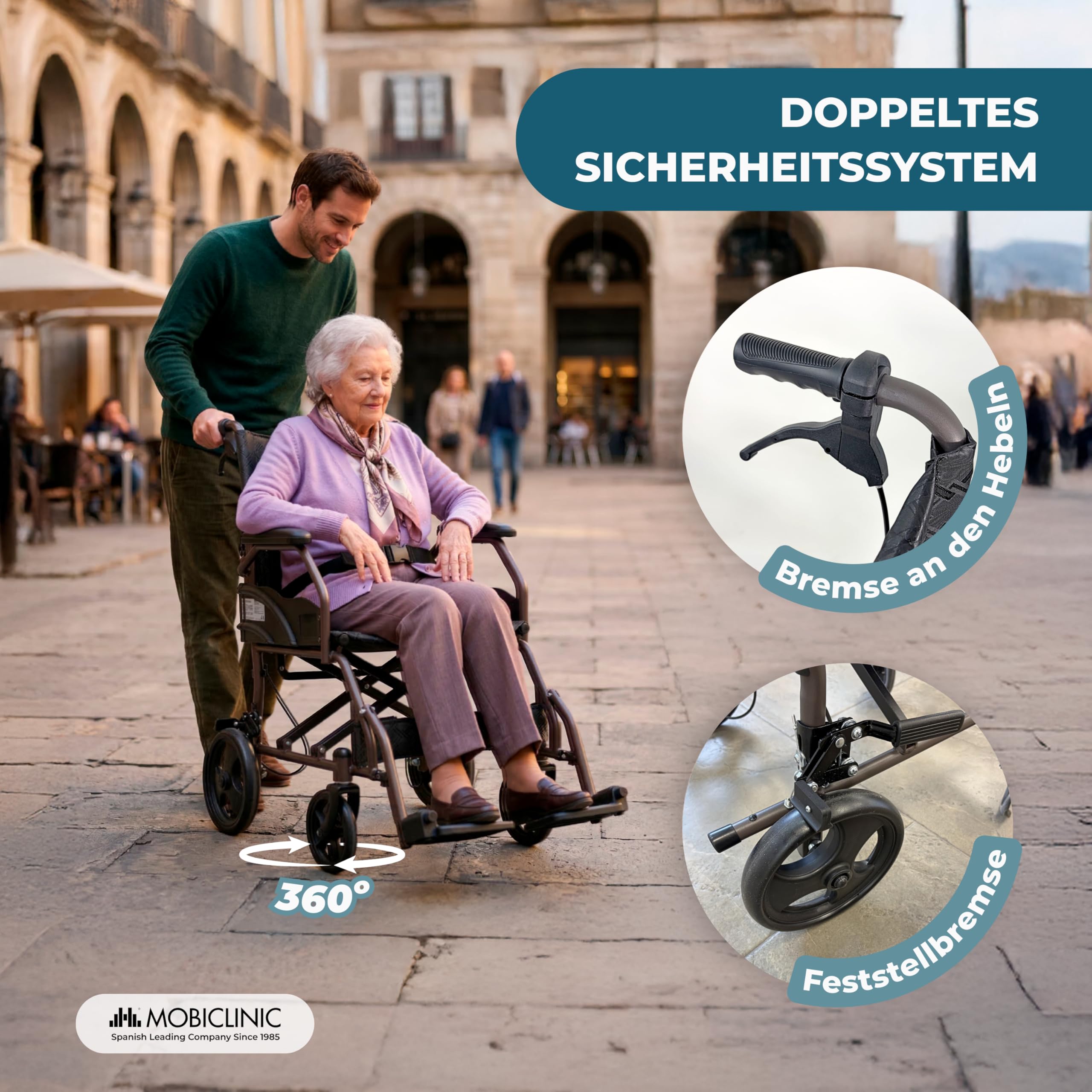 Mobiclinic®, Faltbarer Rollstuhl, mit klappbarer Rückenlehne und Fußstützen, Doppel Bremssystem, Gepolsterten Armlehnen, Stahlrahmen, Leicht und Kompakt, Kefren