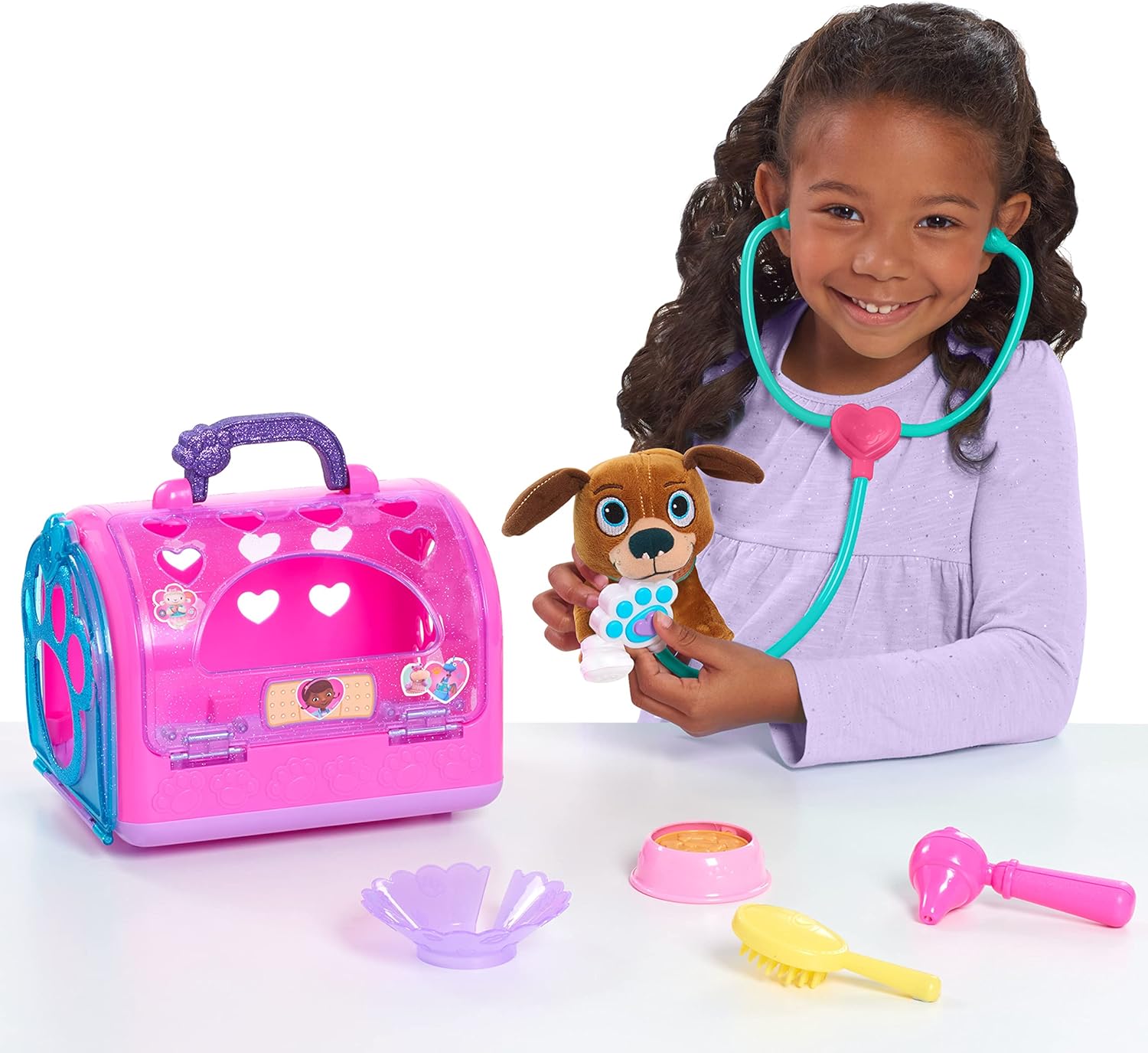 Doc McStuffins On-the-Go Pet Carrier Findo Stuffed Animal and Doctor Kit Pretend Play, Kids Toys for Ages 3 Up by Just Play