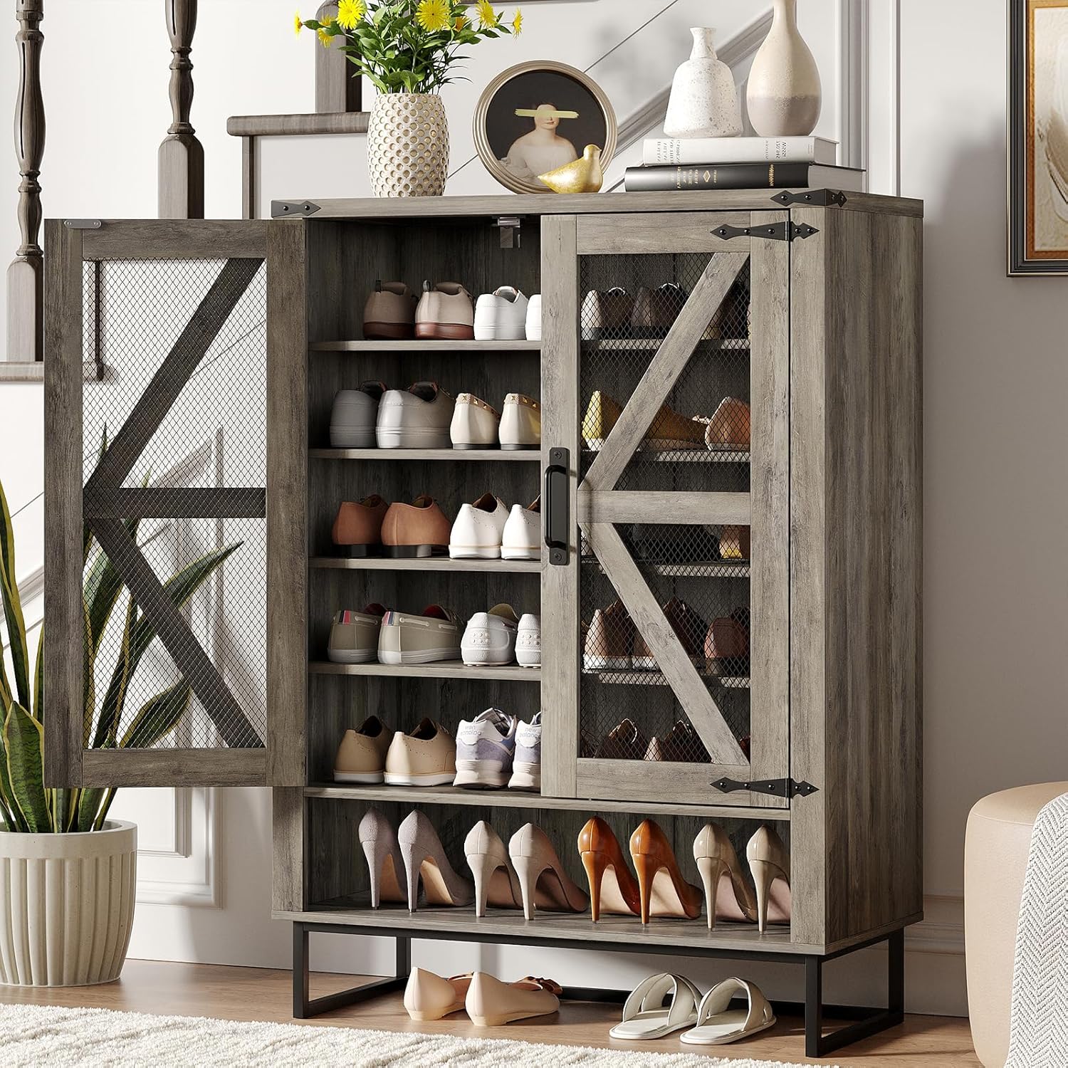 Maupvit 42.1" Farmhouse Shoe Cabinet with Ventilated Mesh Doors, 6-Tier Shoe Storage Cabinet with Adjustable Shelves & Metal Legs, Rustic Wooden Shoe Rack Organizer for Entryway, Hallway, Foyer, Grey
