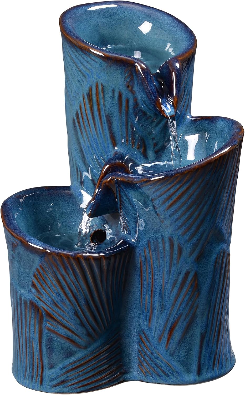 Blue Ceramic Tabletop Cascade Fountain, Decorative Water Fountain with LED Lights and Quiet Pump, Indoor Outdoor Water Feature for Patio, Garden, Deck, Balcony, Office and Home Décor