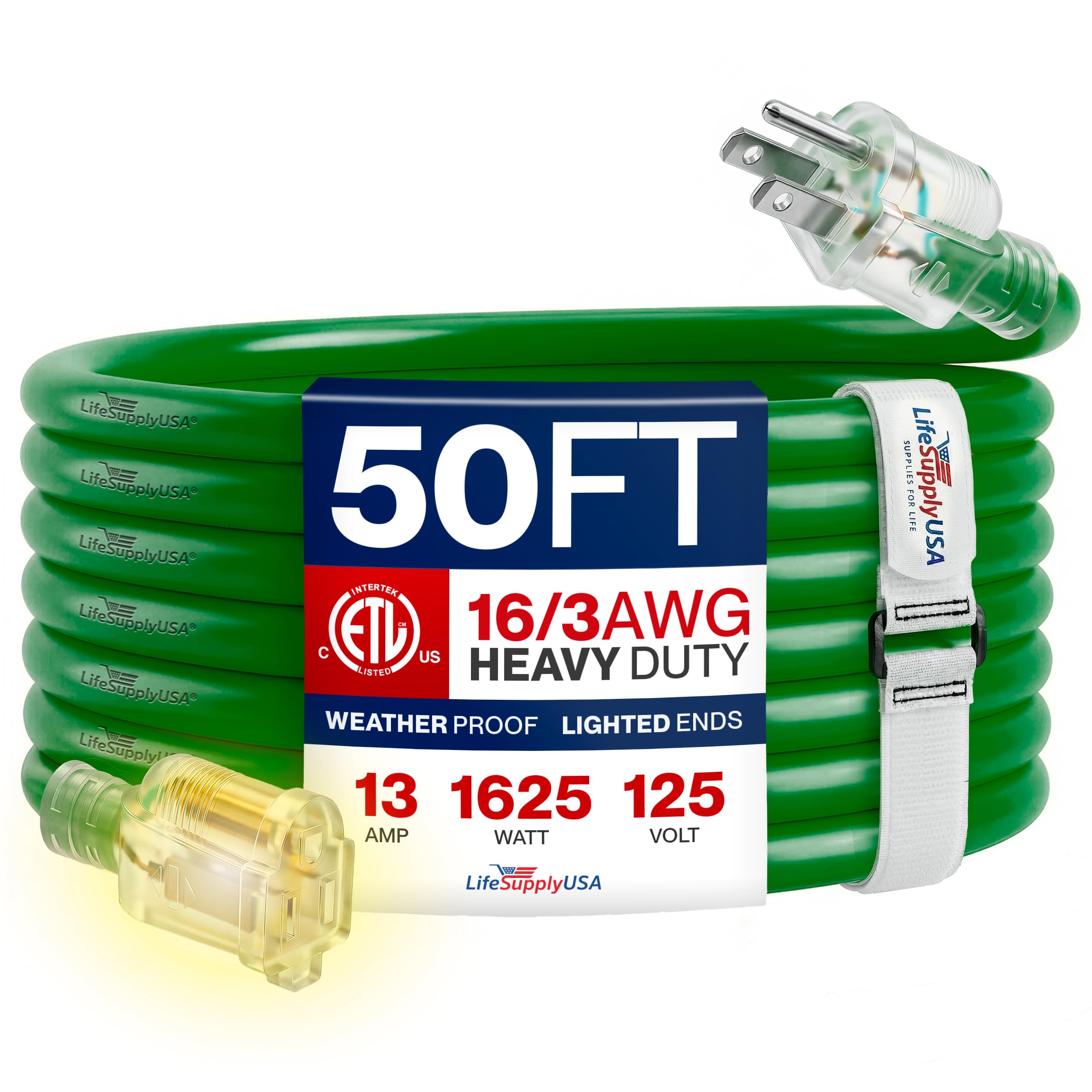 LifeSupplyUSA - Cable de Extensión Eléctrica Industrial 16/3 SJTW con Extremo Iluminado - Verde - Interior / Exterior Resistente, Extra Durabilidad, 13 A, 125 V, 1625 W, ETL