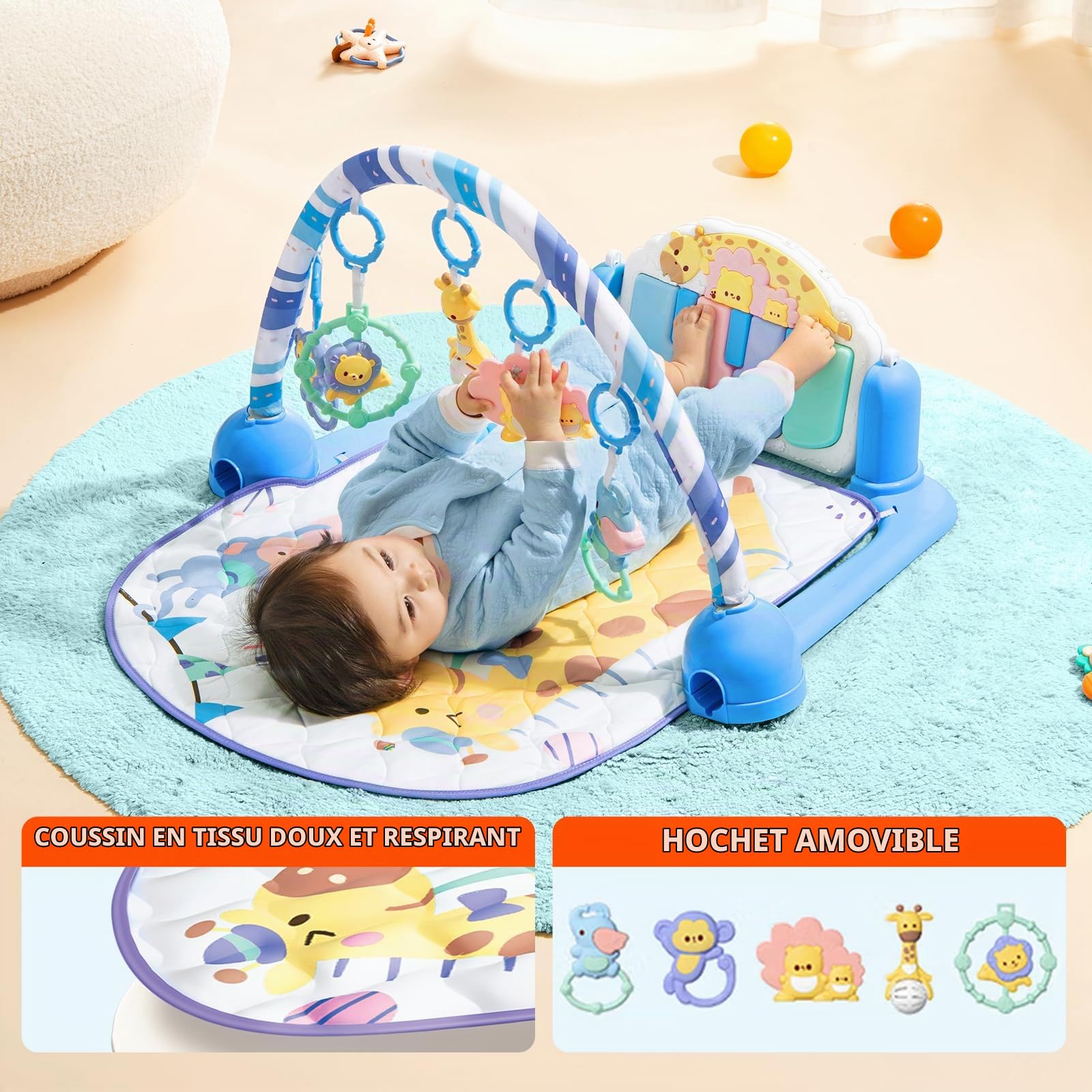 Auby Tapis d'Éveil pour Bébé Adventure Band - 5 Jouets Suspendus & Piano à Pied, Gym 3 Étapes (0-36 Mois), Structure Renforcée, Tapis en Latex Thaïlandais, 2 Modes Musicaux