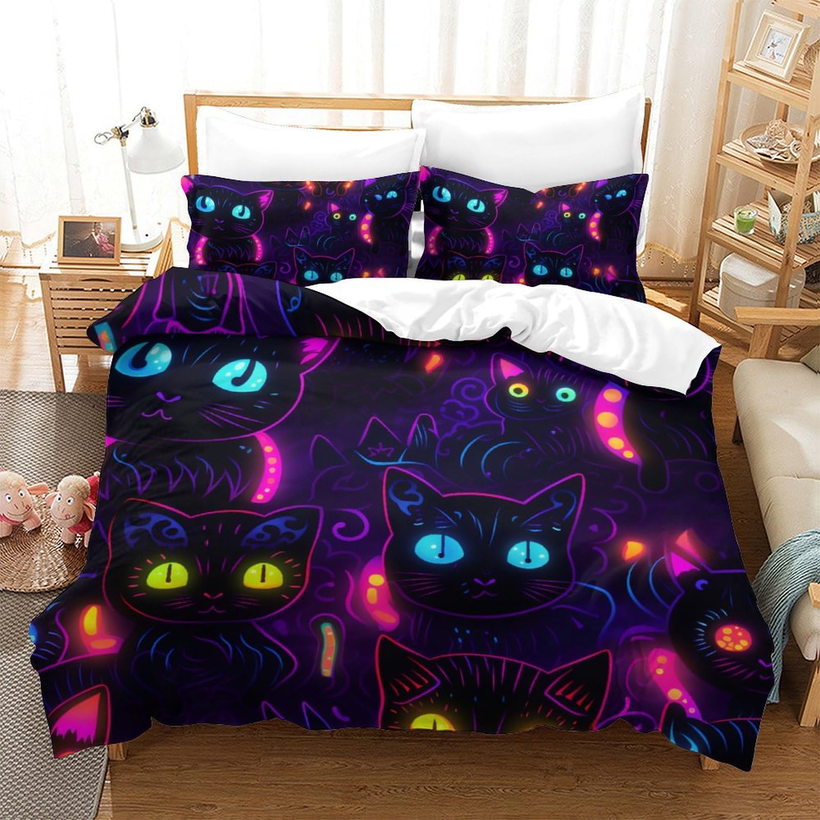 Housse de couette chat 3D parure de lit microfibre ado 200x200