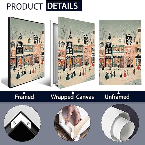 Miniatura 2 de Pósteres retro de Navidad, lienzo retro de pueblo navideño, arte de pared, impresiones acogedoras de escena de invierno para oficina, sala de estar,