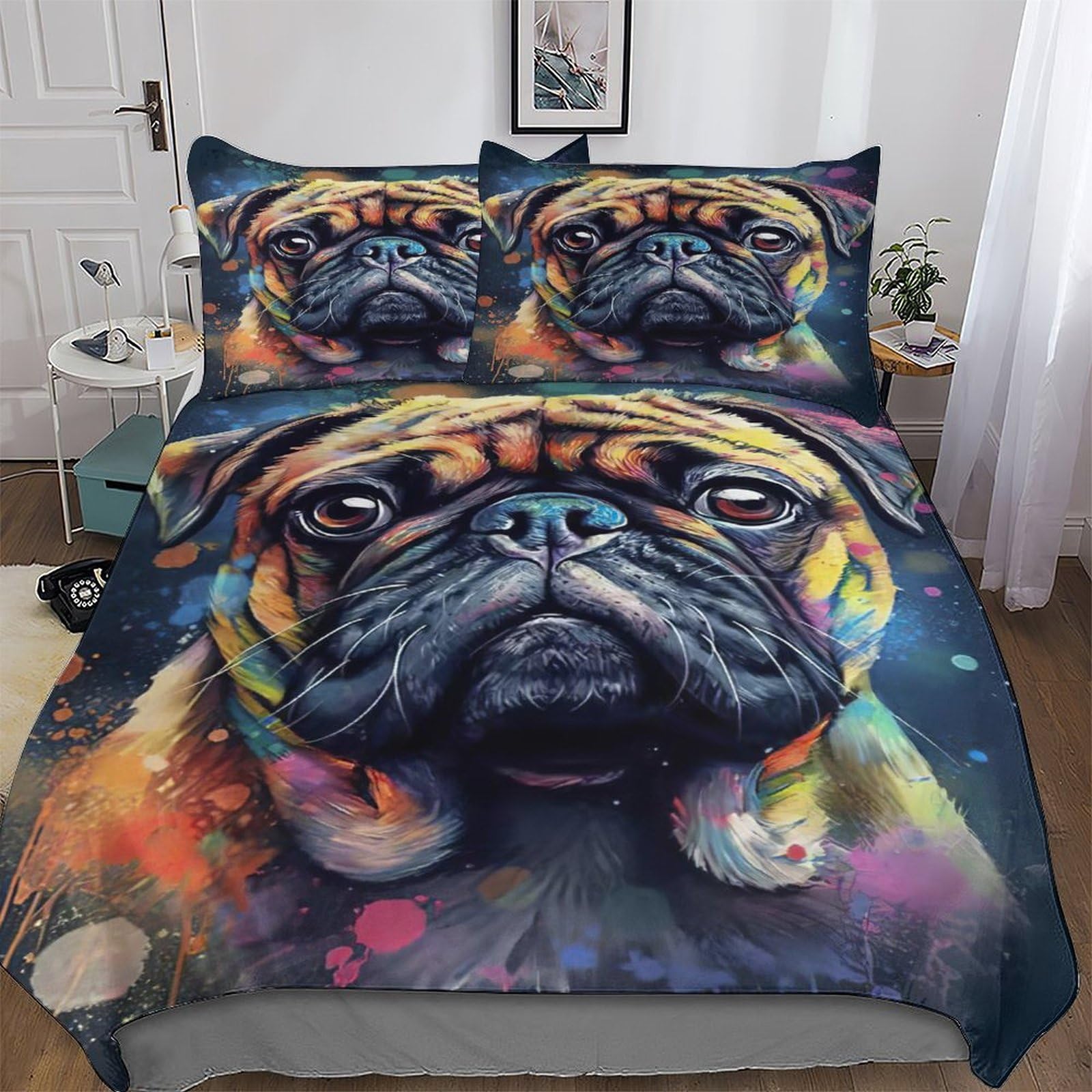 AASWDFR Pug Dog Duvet Cover Set Kids Bed Cover Adults Bedroom Quilt Cover 3 Pcs, 3D Printing Bedding, Soft Microfiber Bed Set Double (200x200cm)