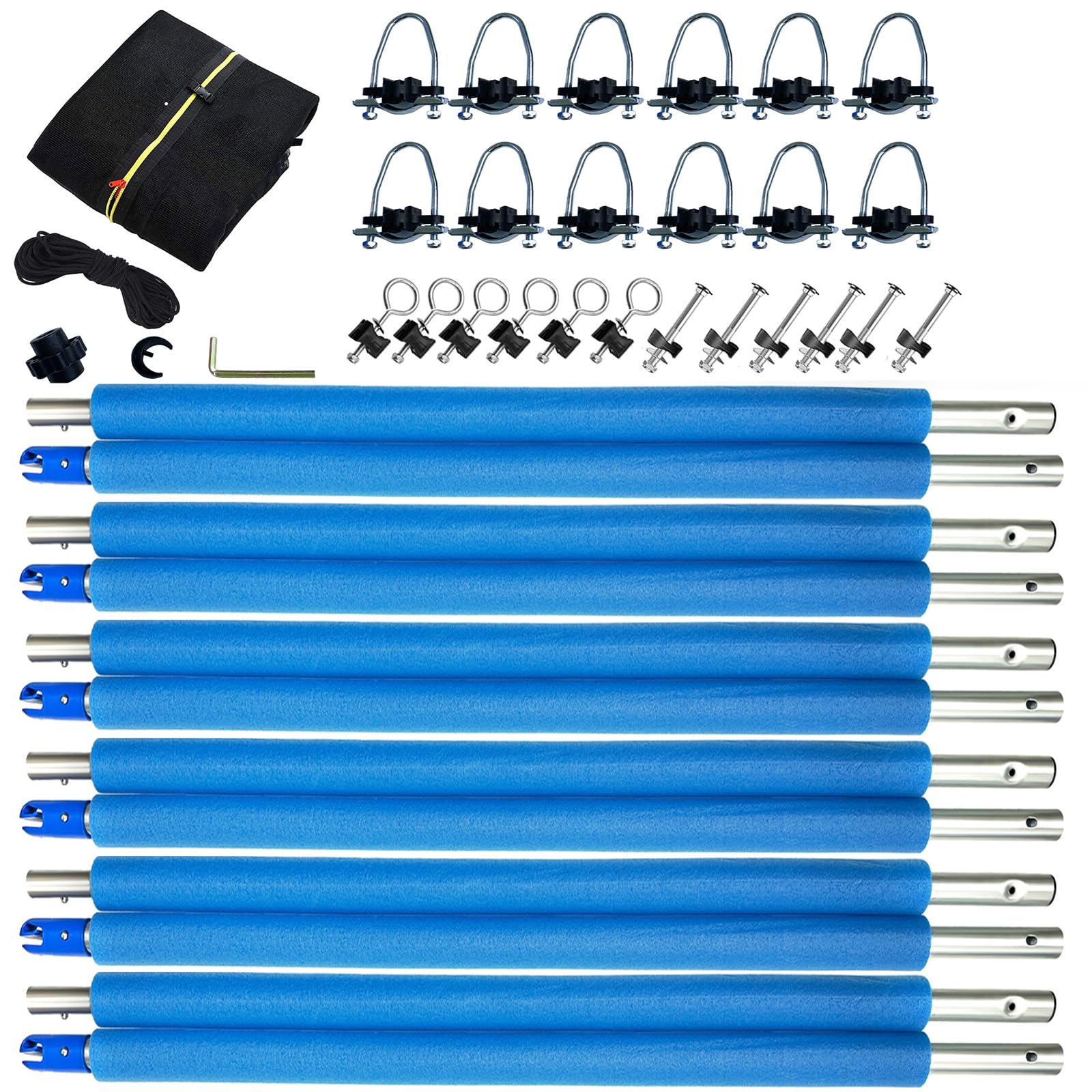 Photo 1 of 16Ft Trampoline Net and Pole Replacement, Universal Enclosure Poles with Clamp, Screws and Bolts, Tube Caps, Fit 6 Straight 16 Feet Round Trampoline Frame
