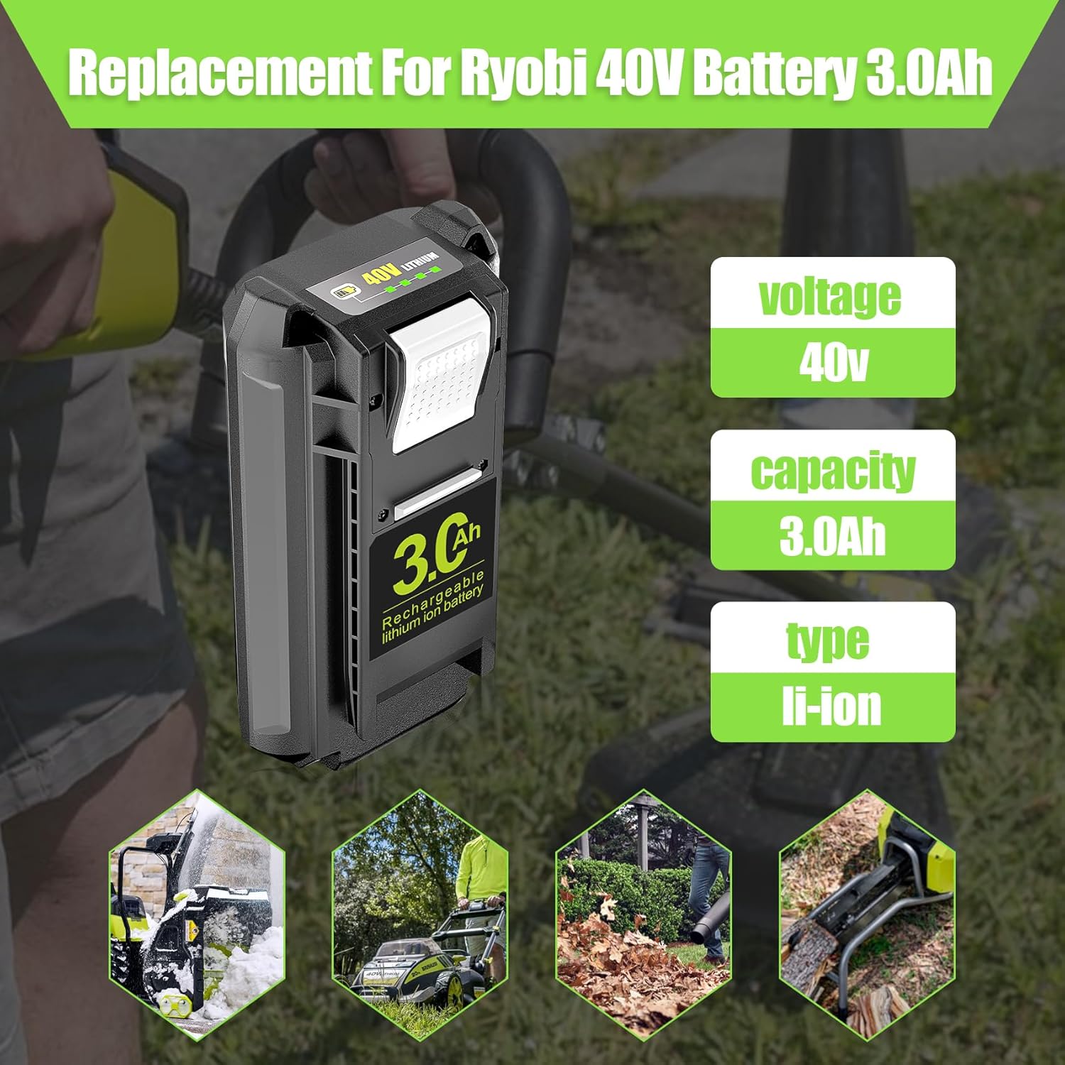 40V 3.0Ah OP4030 Replacement for Ryobi 40V Battery OP4026 OP4050 OP40201 OP40261 OP40601 OP40401, Compatible with Ryobi 40 volt Lithium Battery Chargers & Cordless Power Tools RY40480 RY401140 RY40290