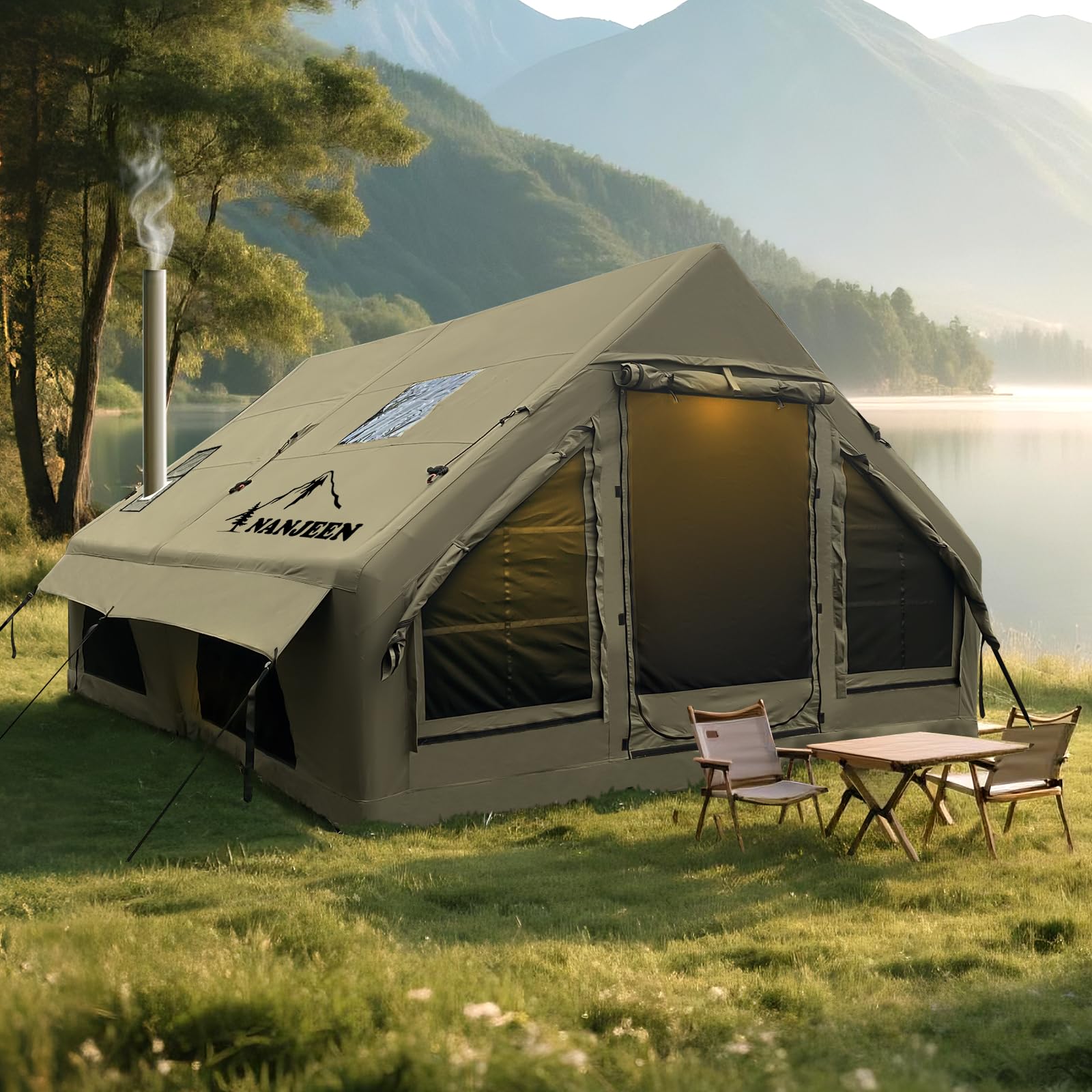 NANJEEN® | Luxury Inflatable Camping Tent | Fast Setup with Stove Jack | 2-8 Person Shelter | Wind & Rain Resistant | 600D Oxford Waterproof Fabric | Dual Doors & Mosquito-Proof Mesh Windows