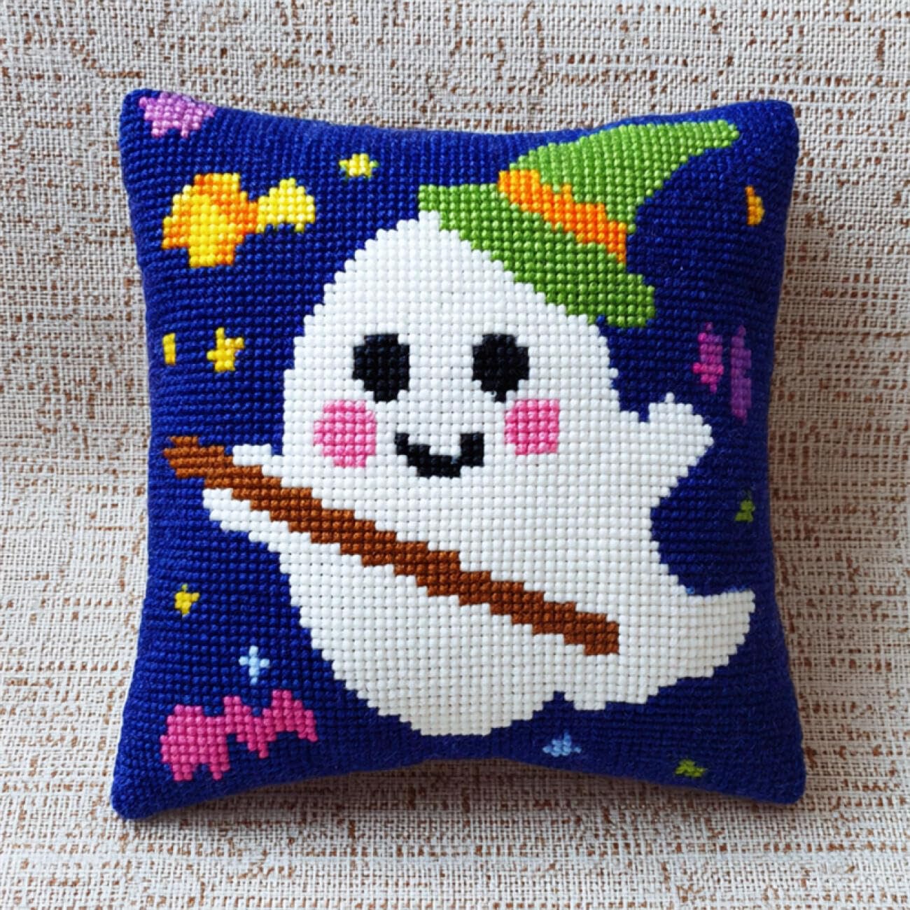 Henypt 9CT Cross Stitch Cushion Kits Cartoon Ghost DIY Cushion Embroidery Kit Needlepoint Handmade Needlework Cushions Kits Stitched Pillow Cover Set for Adults Beginners 45x45cm