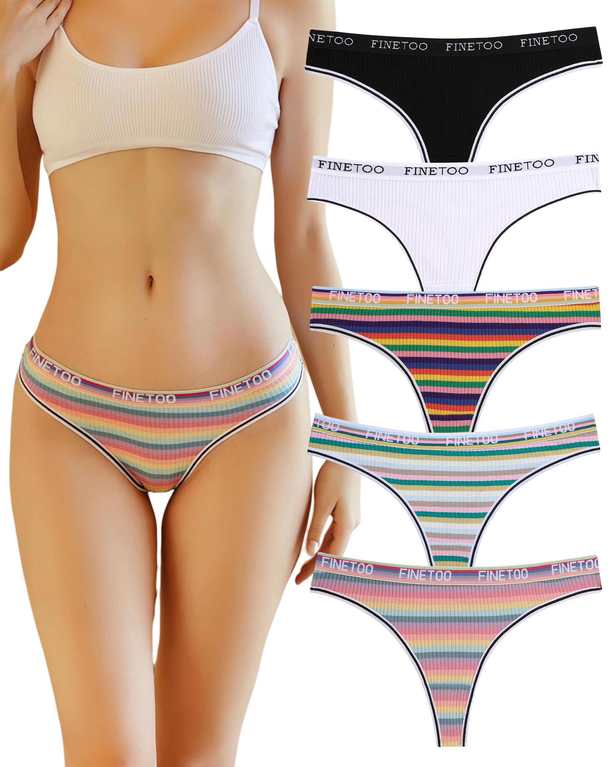FINETOO 5er Pack String Tanga Damen Baumwolle mit Niedriger Leibhöhe Sportbund Thongs Unterhosen Frauen Bunte Streifen Mehrpack S-XL