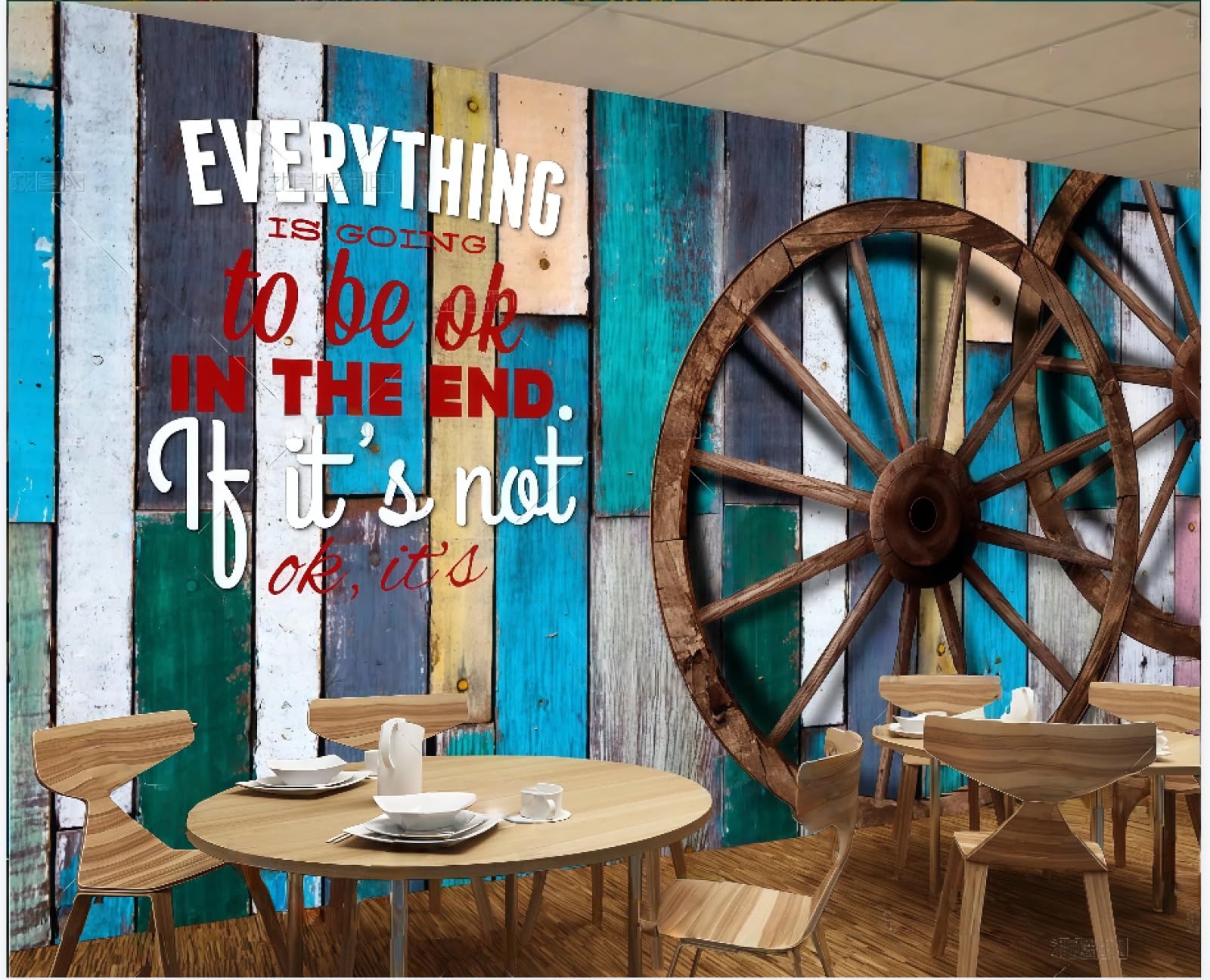 rskjdghshd Wallpaper Retro Color Wooden Board Wheel Graffiti Music Bar Afternoon Tea Burger Shop Background Wall Western Restaurant Wallpaper Cafe Mural,3D,150x105cm