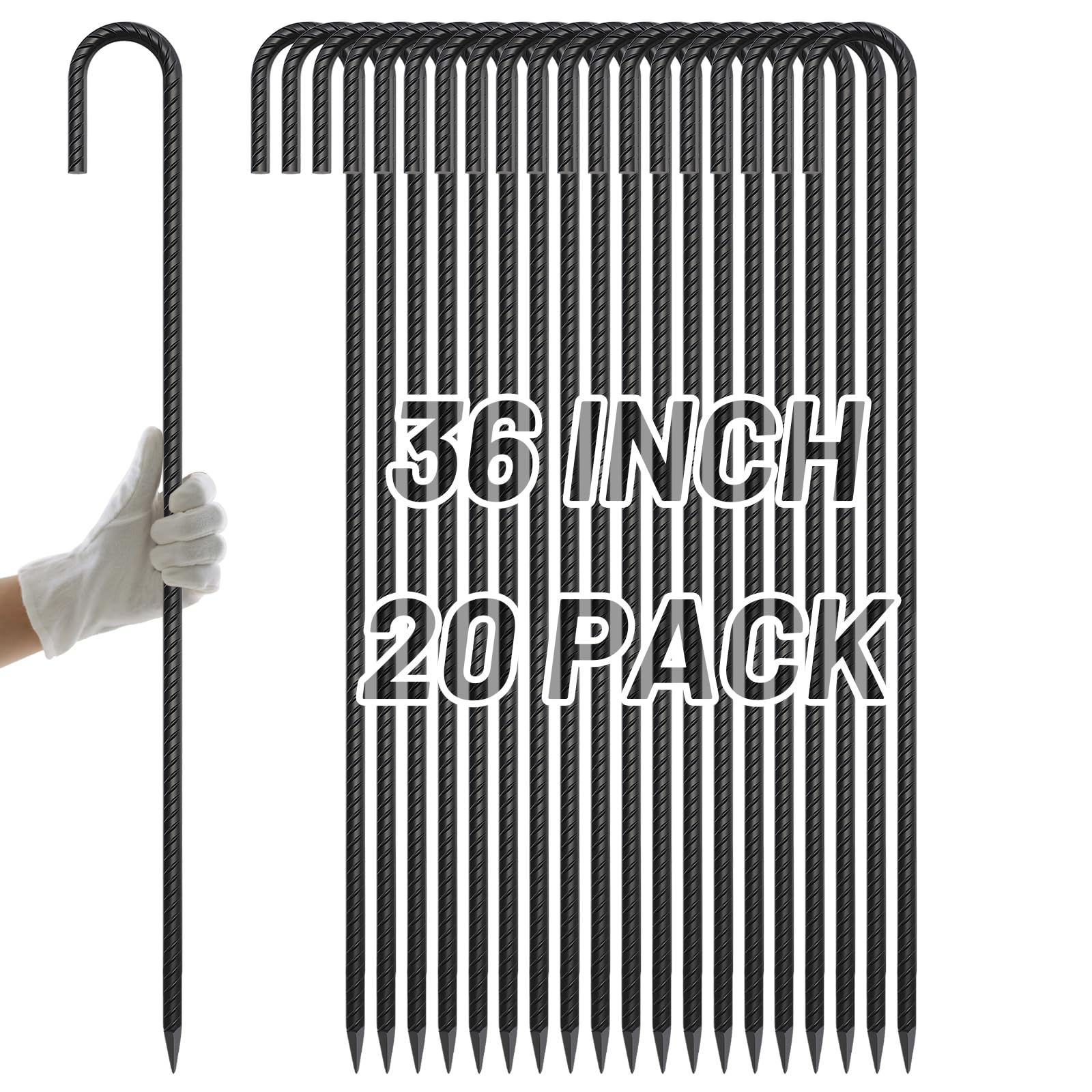 AAGUT 20 sztuk słupków do prętów zbrojeniowych, hak, 91 cm, wytrzymałe kołki do trampoliny, stalowe kotwy uziemiające z końcówką dłutową, do namiotu kempingowego, baldachim i ogrodzenie z ogniwami