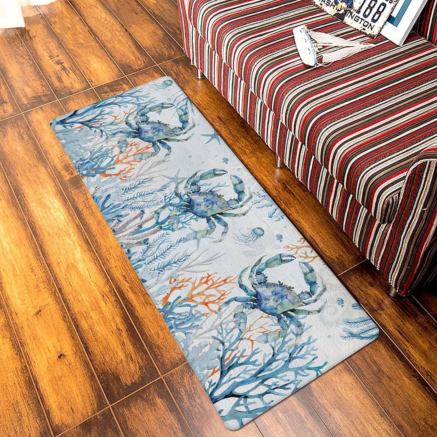 Crab Antifatigue Kitchen Bath Door Mat Cushioned Runner Rug,Blue Coastal Starfish Ocean Coral Nautical Washable Welcome Floor Sink Mat,Waterproof Non-Slip Comfort Standing Doormat for Kitchen 24"x36"
