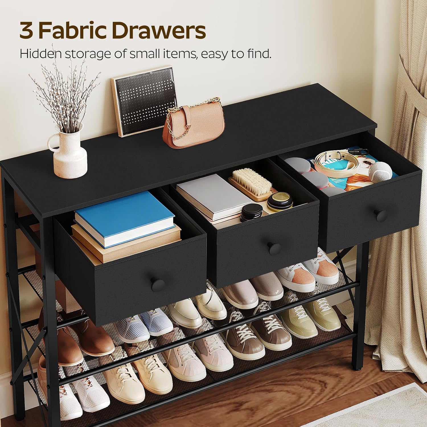 YATINEY 4-Tier Shoe Rack with 3 Drawers, Metal Shoe Organizer for 15 Pairs with Storage Shelves and Wooden Top, for Entryway, Hallway, Foyer, Closet, Black SS34BB image 4