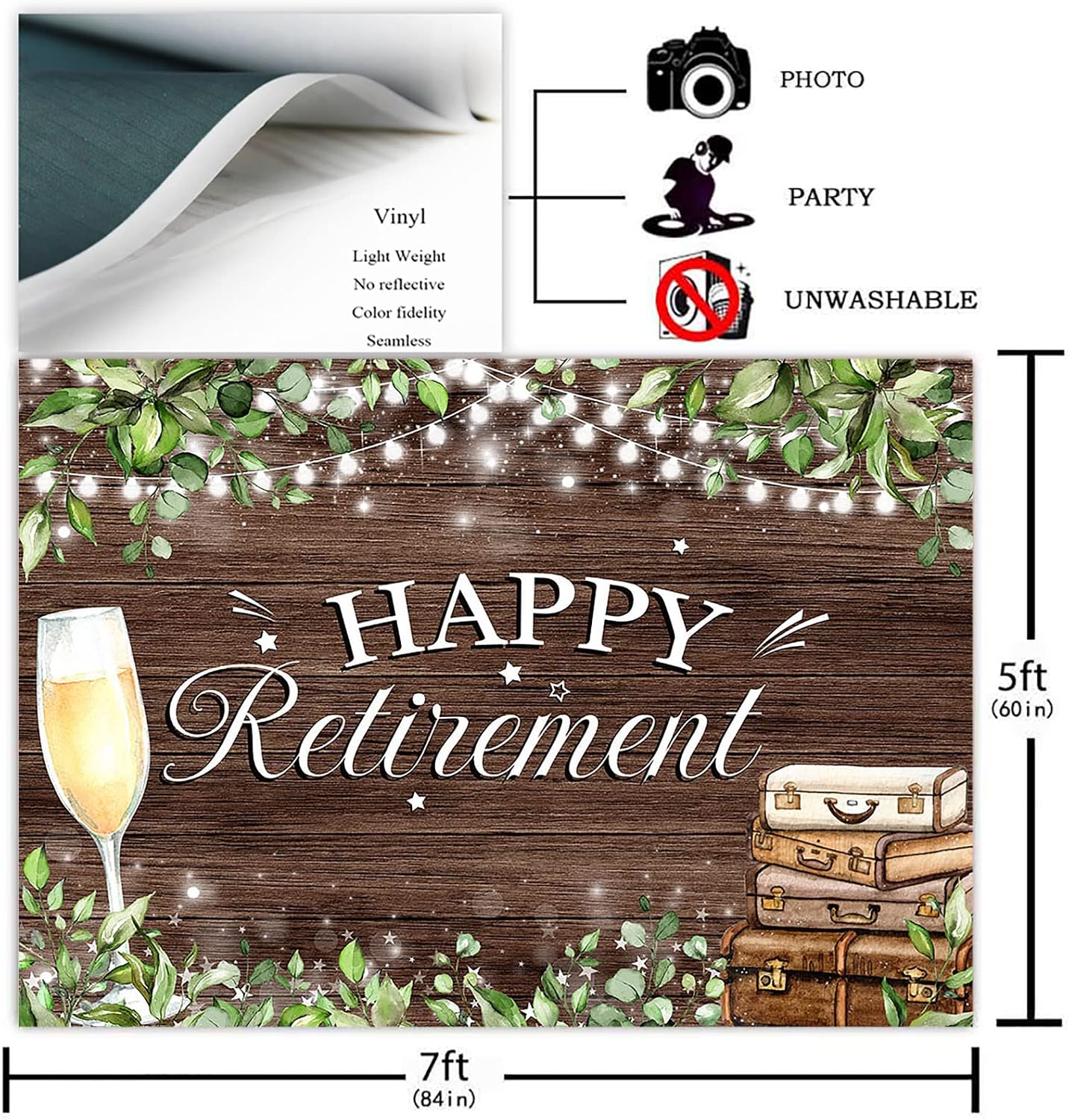Avezano Wood Floor Wall Happy Retirement Party Backdrop Retirement Party Decorations Rustic Greenery Retire Photo Background Goblet and Travel Suitcase Theme Banner (7x5ft(L))