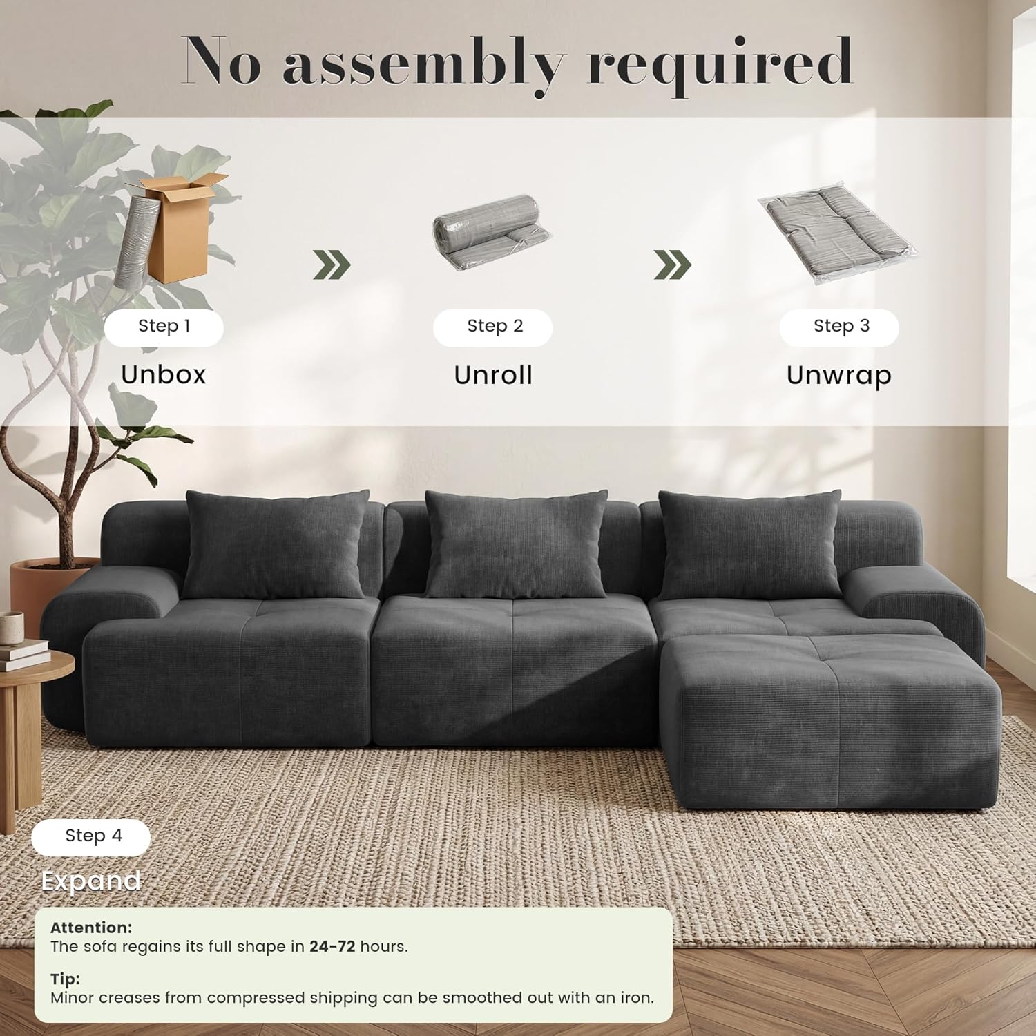 GRUSIGN 108'' Modular Sectional Boneless Couch, Tufted Cloud Sectional Couches for Living Room, L Shape Deep Seat Sofa with Ottoman & 3 Throw Pillows,Corduroy Oversized Couch,Dark Grey | Sectional, L Shape Modular, With Ottoman, 3 Throw Pillows, Corduroy, Vacuum Sealed