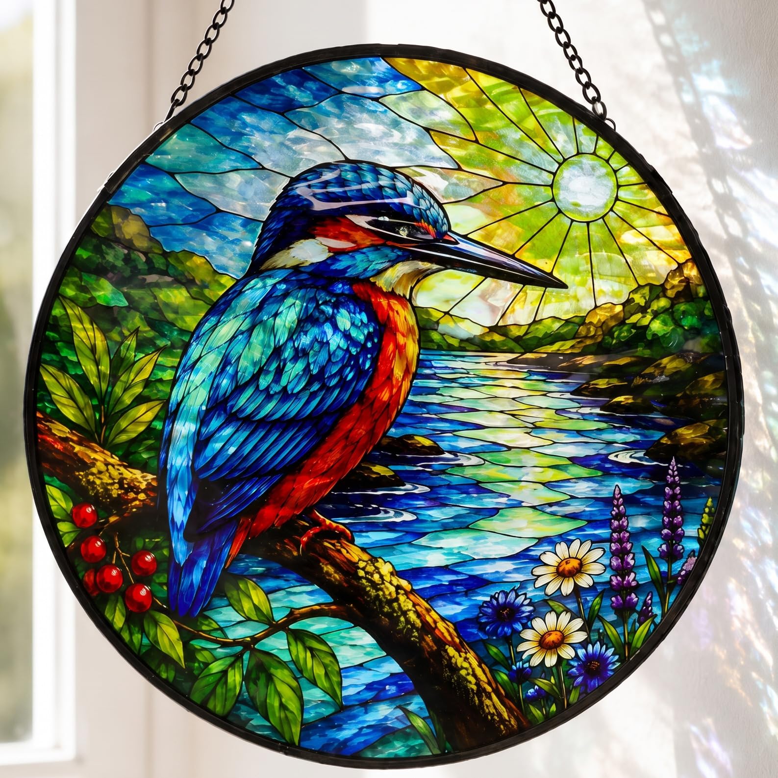 Kingfisher Stained Glass Suncatcher, Vibrant Blue & Orange Wildlife Decor for Home Conservatory Garden Window, Handmade Look Glass Art Gift for Bird Lovers, Women Mum