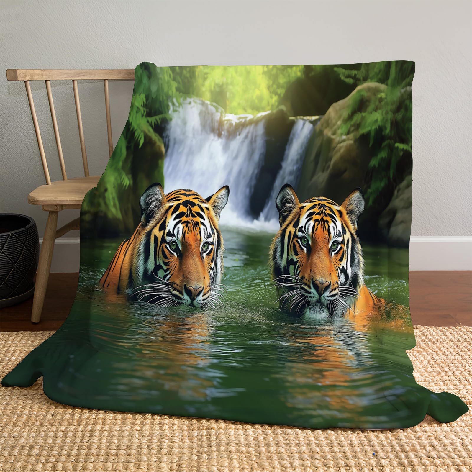 Couverture douce en polaire haut de gamme motif cascade tigre couleur vert