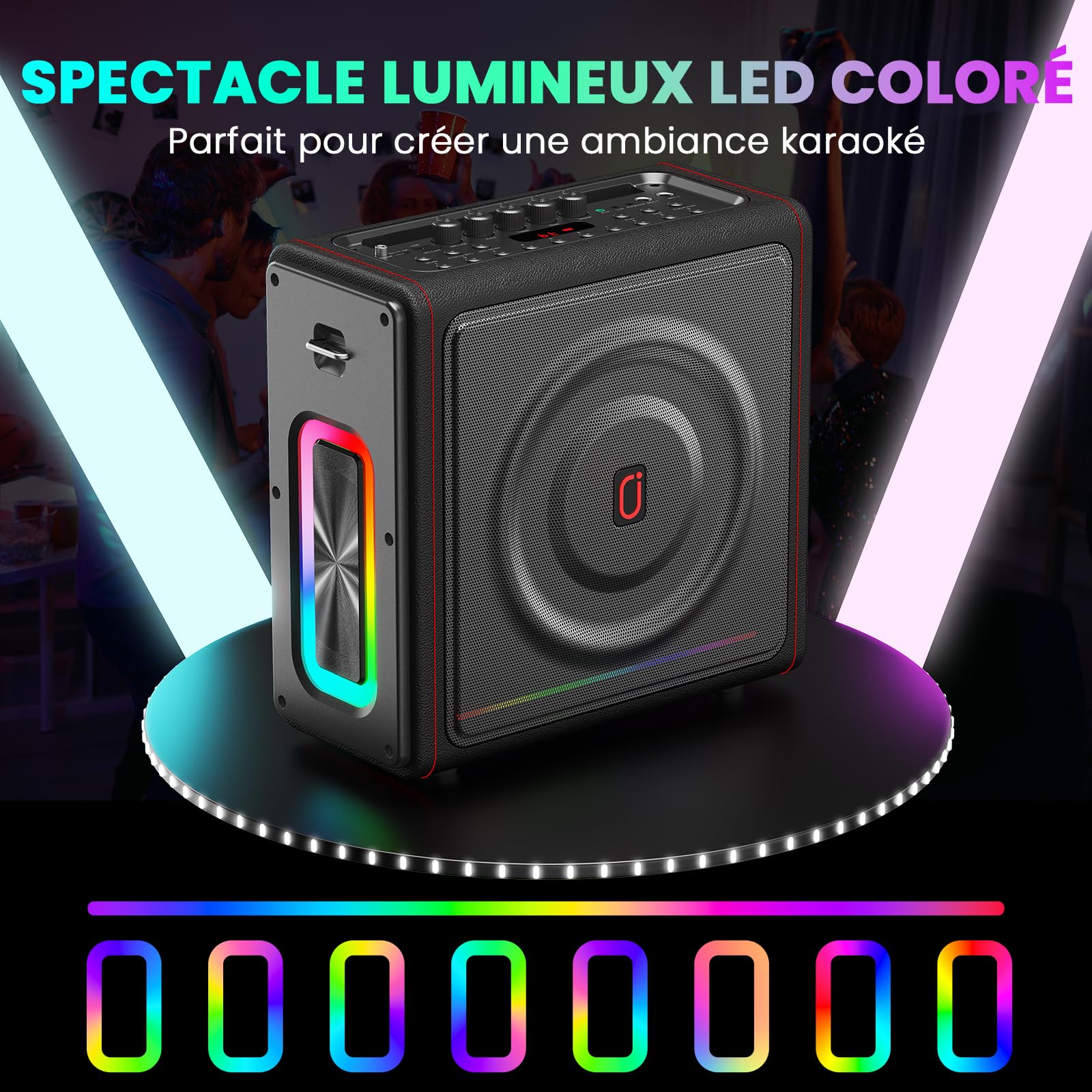 HWWR Machine Karaoke avec 2 Micros sans Fil, Kit karaoké Complet avec LED, 300W Puissance, Autonomie 36h, pour Adulte et Enfants, Système PA Prend en Charge TF/USB, FM, Enregistrement, AUX in et TWS