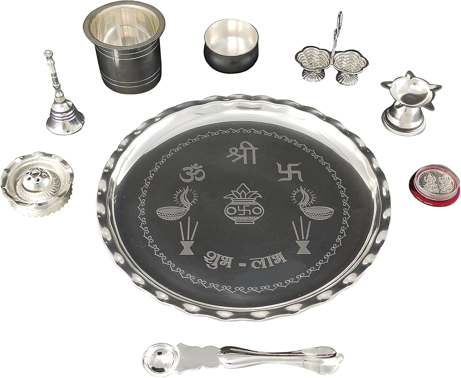 NOBILITY Silver Plated Pooja Thali Set 9.5 Inch with Plate Diya Haldi Kumkum Stand Panchapatra Palli Bowl Dhup Dan Ghanti Puja Thali for Home Mandir Office Diwali Wedding Return Gift Items