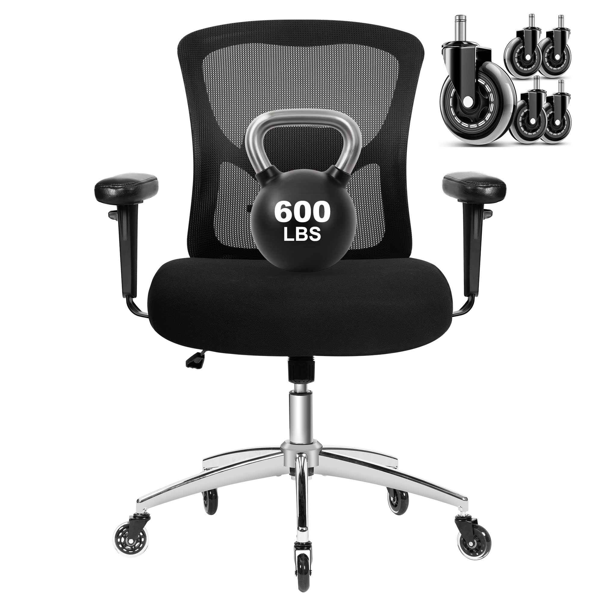 Big and Tall Office Chair 600lbs, Heavy Duty Ergonomic Mesh Chair, Computer Executive Desk Chair with Wide Thick Seat, Adjustable Armrests, Lumbar