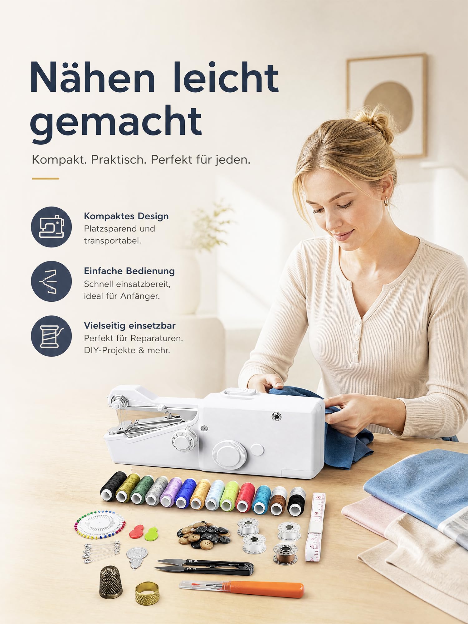 Máquina de coser de mano – Mini máquina de coser eléctrica portátil de 125 piezas | Kit de costura inalámbrico para principiantes, ideal para vaqueros y cortinas