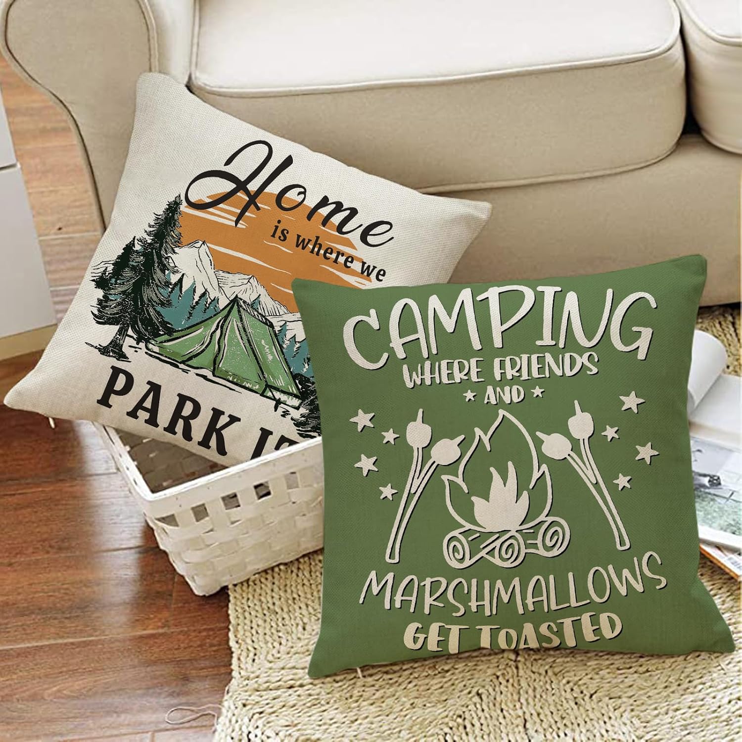 Camper Decorative Throw Pillow Covers 18 x 18 Set of 4, Camping Mountain Tree Travel Outdoor Adventure Porch Home Decor, Rustic Campsite Campfire Marshmallow Sofa Couch Cushion Case - Image 6