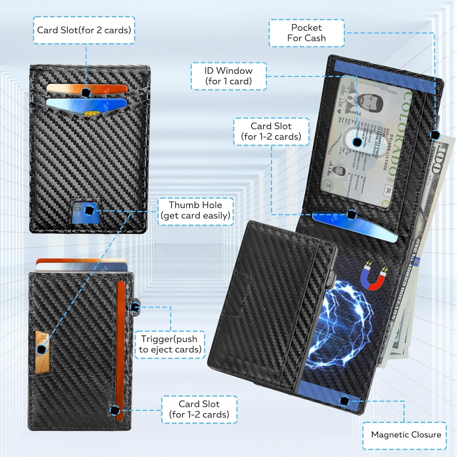 Wallet for Men, Magnetic Pop-Up Card Holder Easily Removable, Slim Minimalist Wallet Leather Slots Credit Card Holder Wallet RFID Blocking Bifold Gift for Men - Image 3