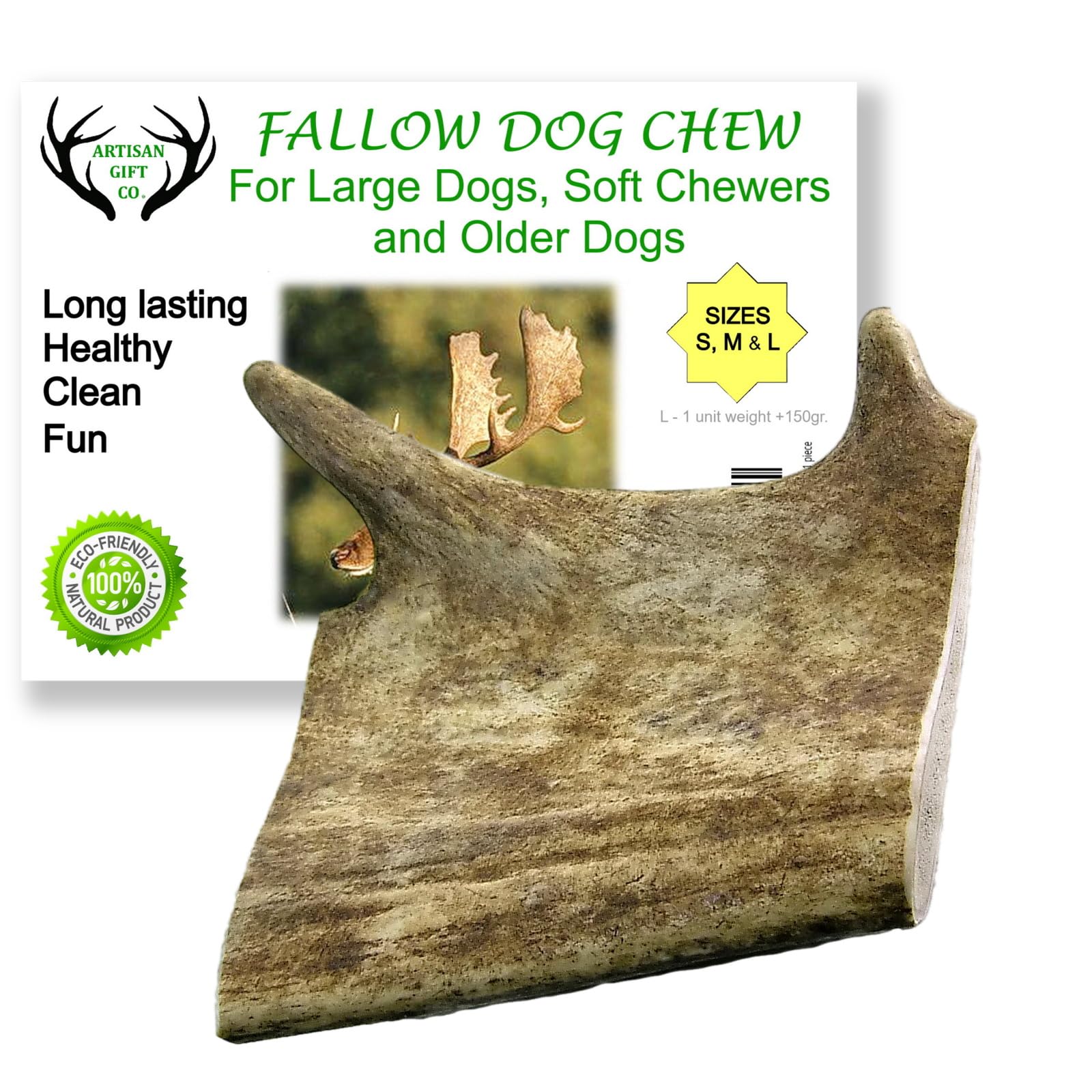 Fallow Antler Chews for Small Dogs and Puppies – 100% Natural Deer Antler Treats - Weight 150 g (L - 1 Unit)