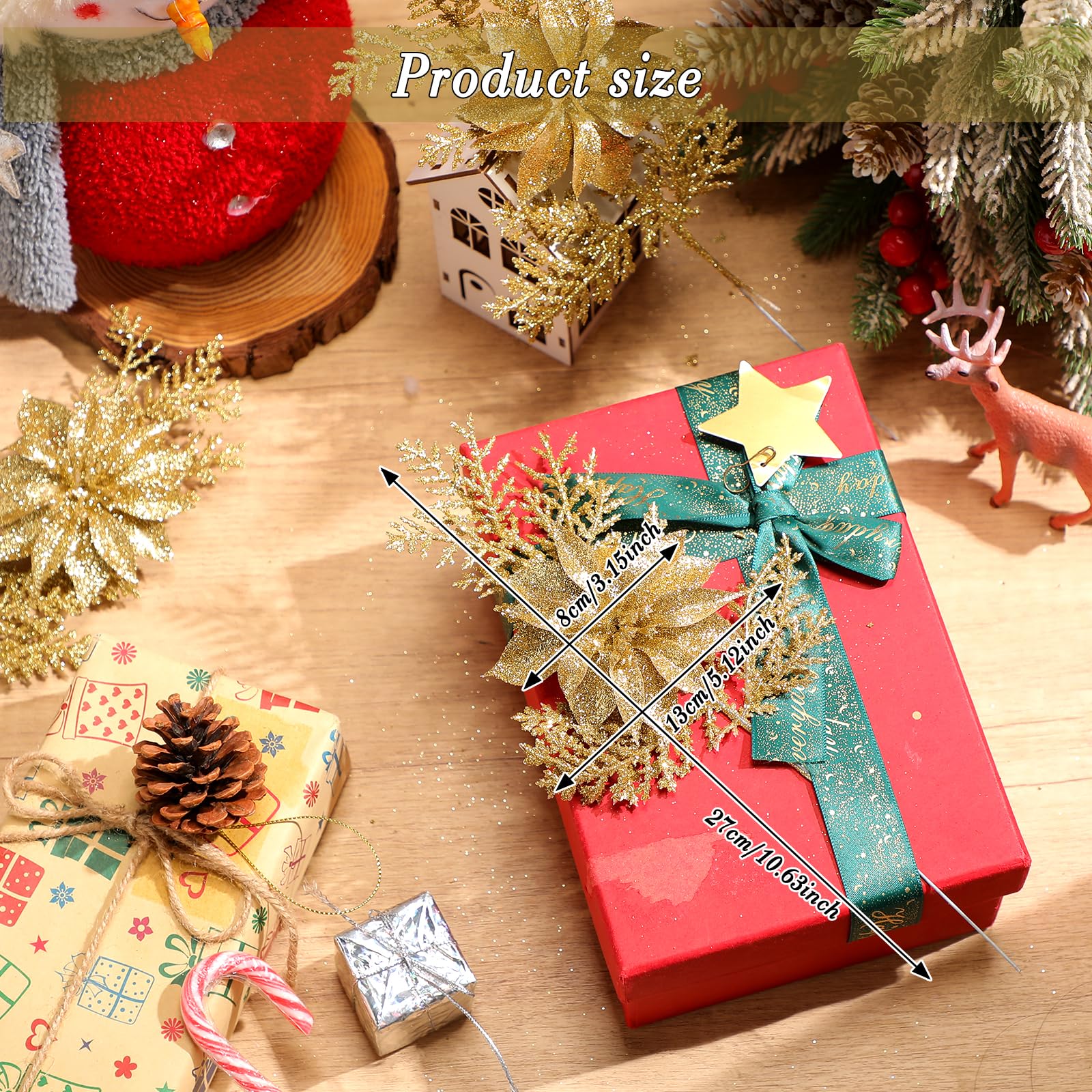 Thiccywoov Künstliche Weihnachtssterne mit Clips, 26,7 cm, künstliche Blumenzweige, Tannenstiel, künstliche Zweige für Girlande, Kranz, Haus, Garten, goldfarben, 12 Stück