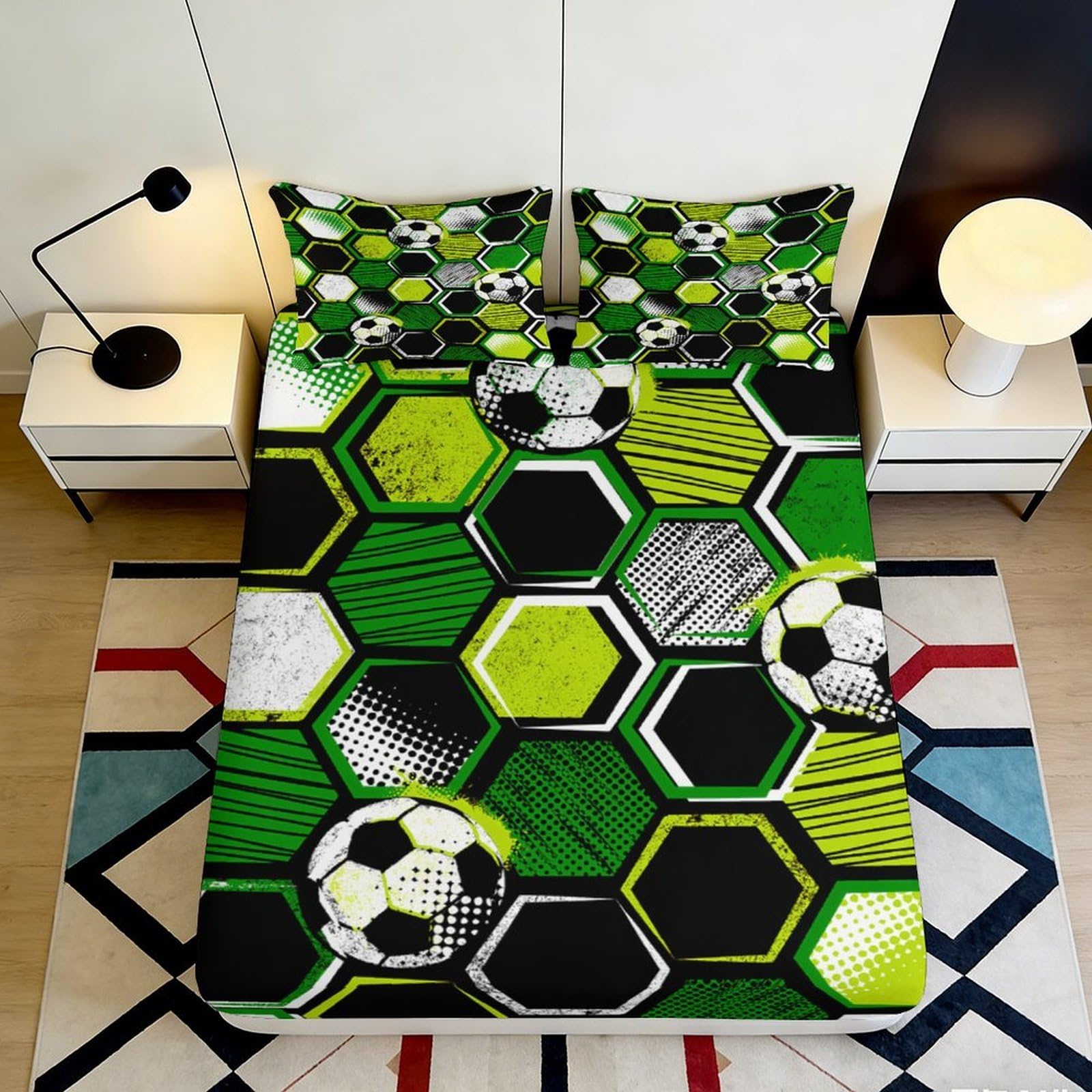 3D Printed Football Soccer Pattern Fitted Sheet Microfiber Green Hexagon Bed Cover for Bedroom Guestroom Decor 90x200x25cm