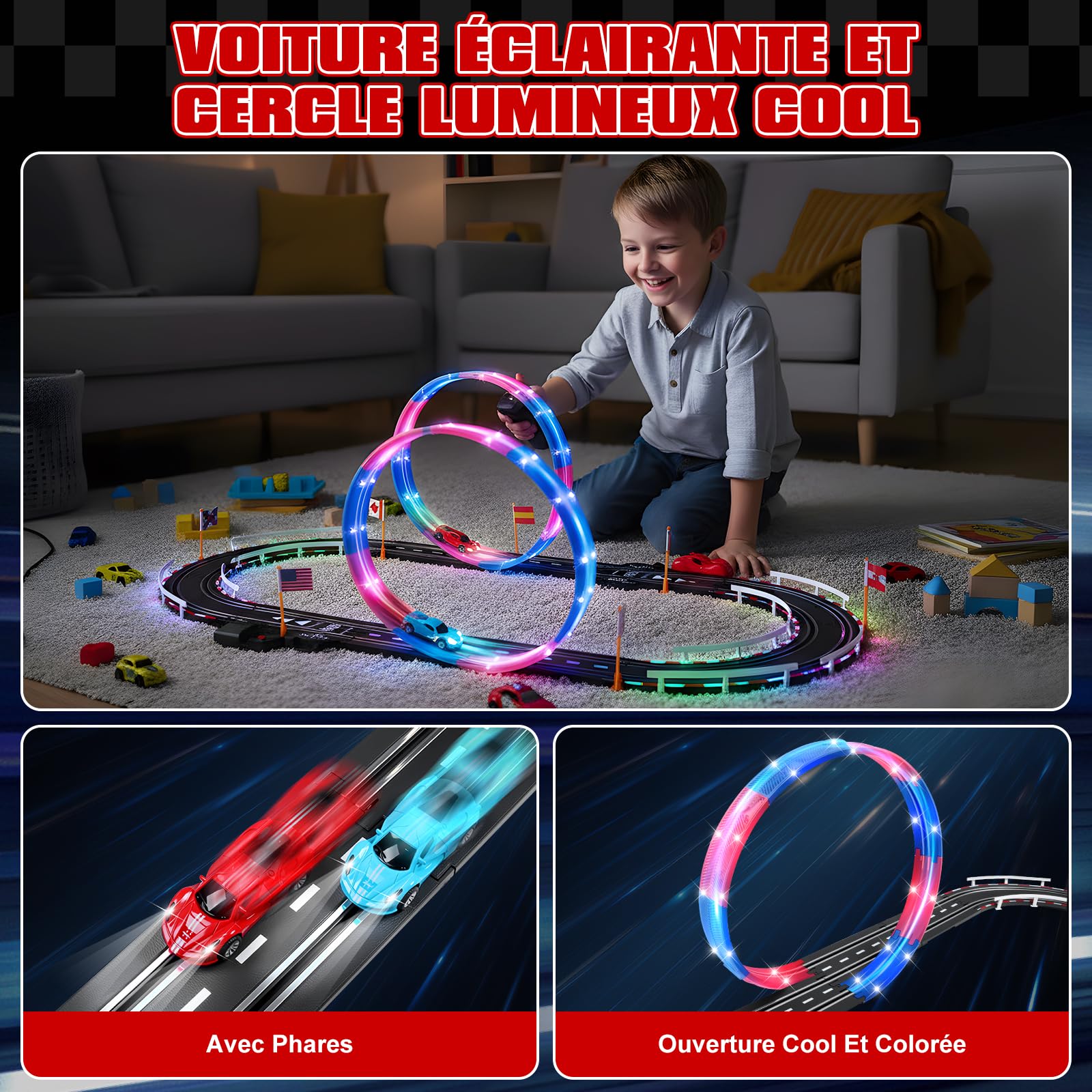 Circuit Voiture Electrique, Lumineuse Circuit Voiture Enfant 1:64 Piste De Course - 4 LED Voitures, 360° Cercle, Prise, Compteur de Tours, Piste Voiture Enfant 6-12 Ans Jouets Cadeau (S)