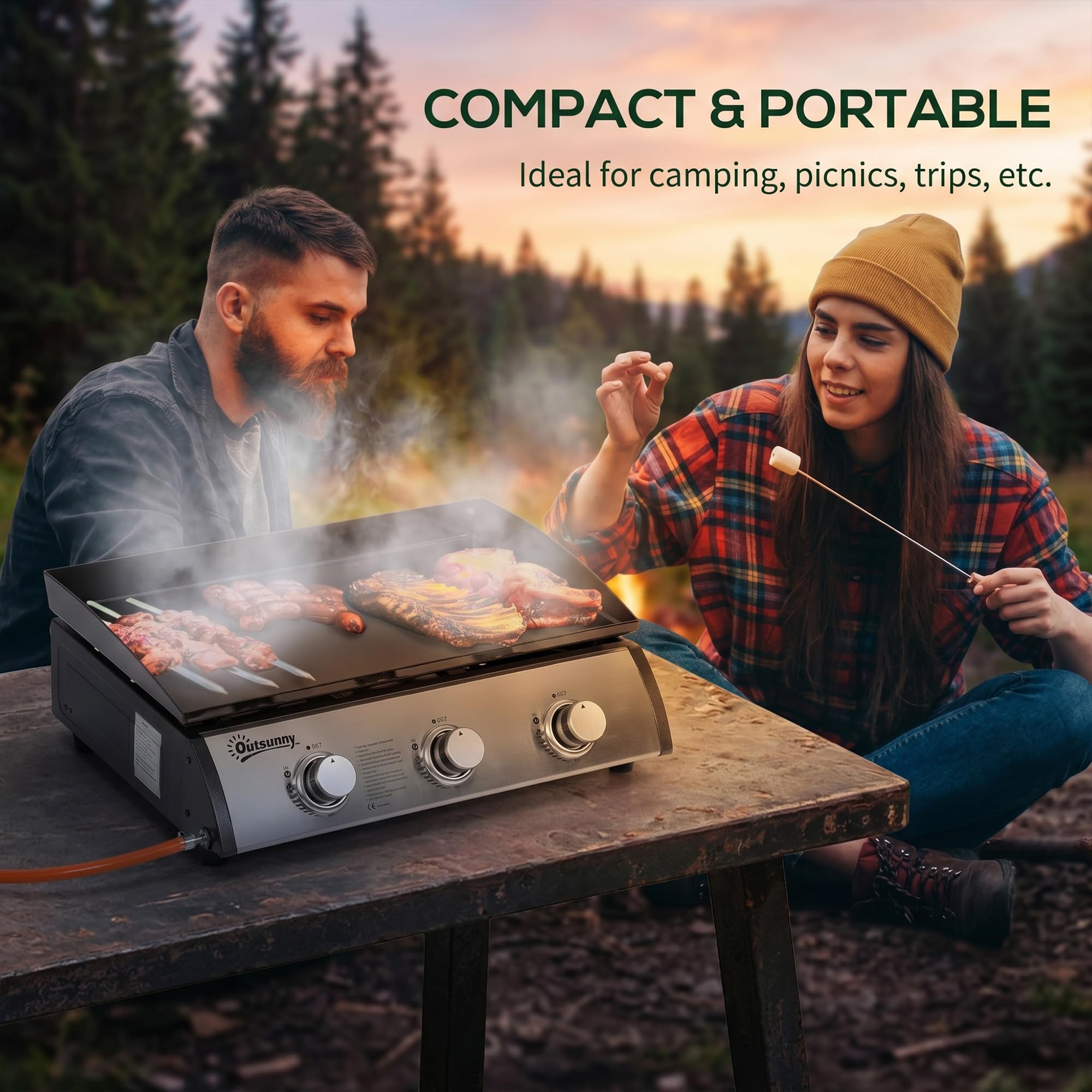 Outsunny Gasgrill 3 Brenner 7,5 kW Grillfläche 65×35,5 cm Schwarz+Silber | Edelstahl, Tragbarer Tischgrill, BBQ, für Balkon, Garten, Camping