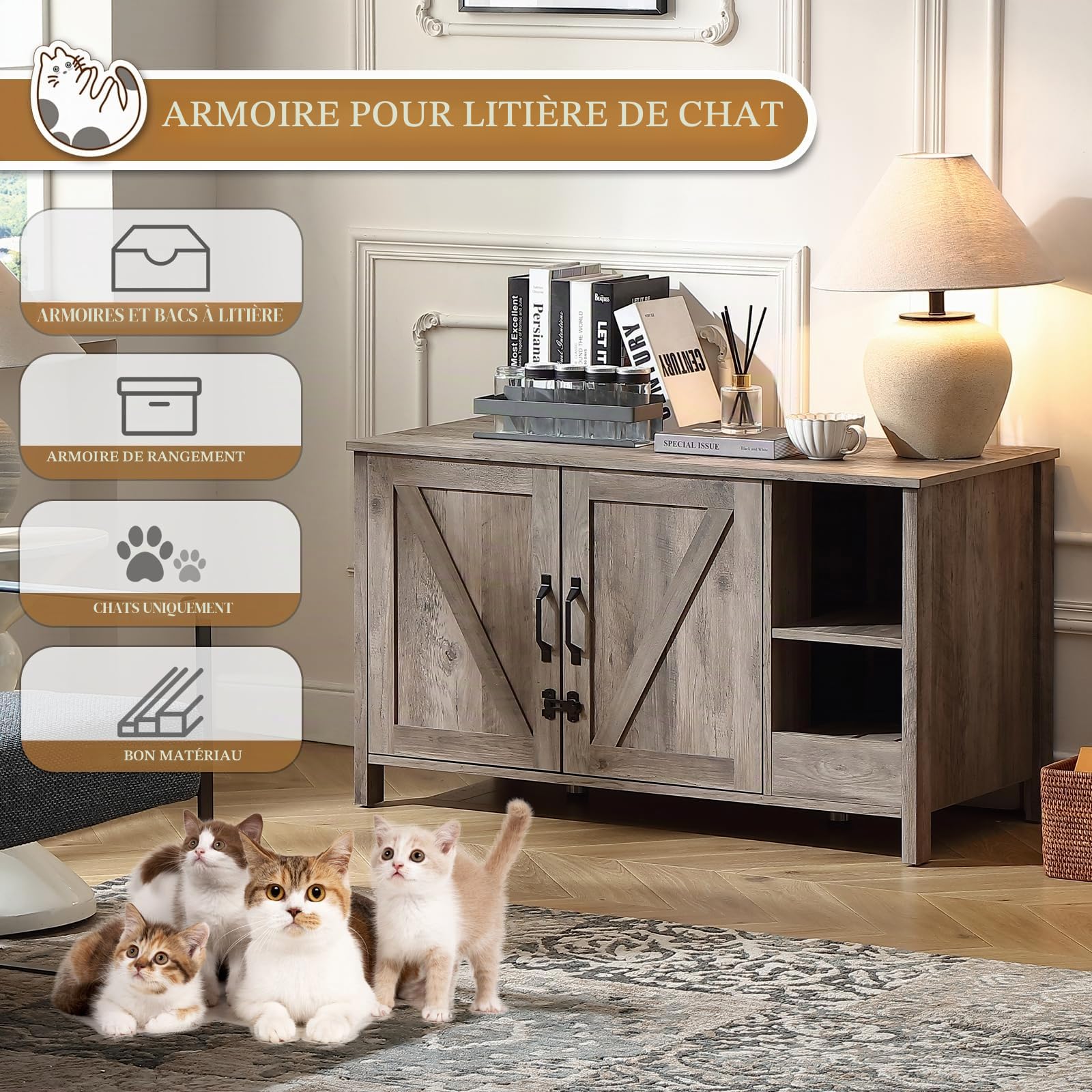 FOREST GRAVITY Cat Cabinet Armoire à Chat Litter Box Middle Cat Furniture Modern 105 * 50 * 60 cm Maison pour Chat avec Porte et cloison séparée Grey