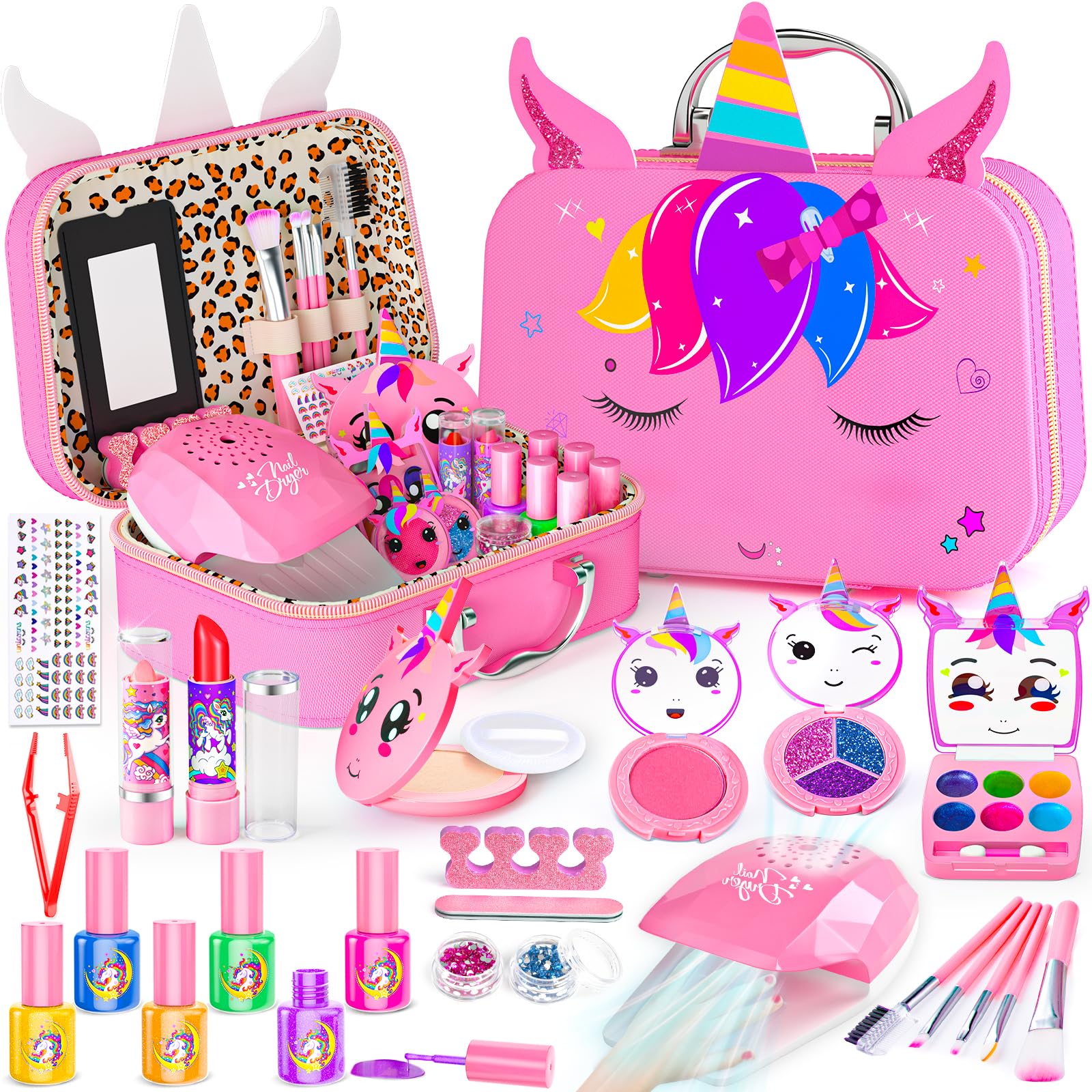 Kids Makeup Kit for Girl - 2 In 1 Kids Washable Makeup Toys & Nail Art Kits with Nail Dryer and Cosmetic Case, Princess Dress Up Set for Girls, Real Girls Makeup Set for Ideal Gifts Toys for 3-12 Year